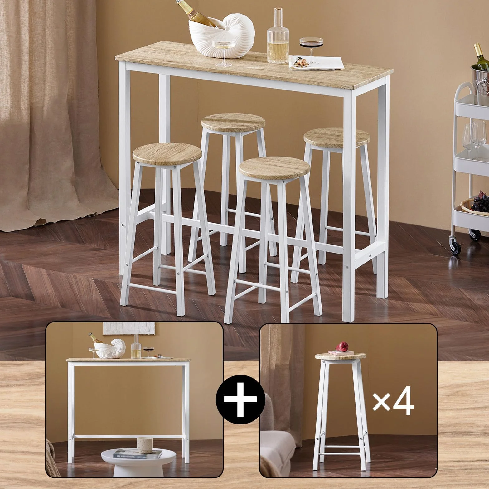 SoBuy Mesa Comedor, Juego de Mesa Alta con 4 Taburetes, Mesa y Sillas de Comedor para Espacios Reducidos, Conjunto de Bar Moderno Blanco OGT22-WN