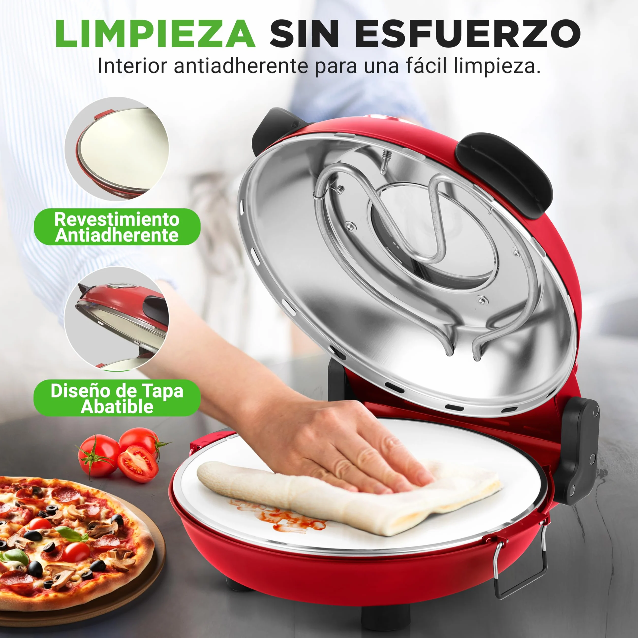 Nutrichef Horno Electrico para Pizza 1200W Control de Temperatura con Termometro Ventana de Visualizacion Antiadherente