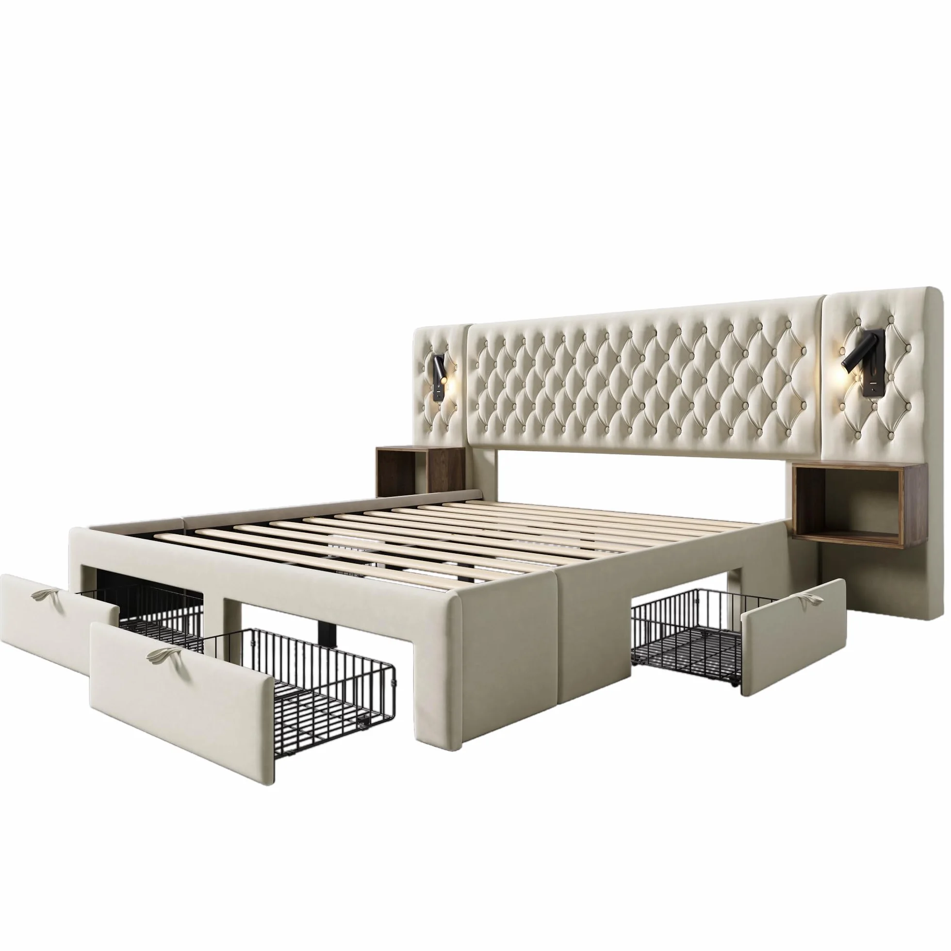 Cama doble tapizada 160x200 cm, 2 mesitas de noche, 4 cajones, cabecero de lectura USB, 243x211x106 cm, color gris