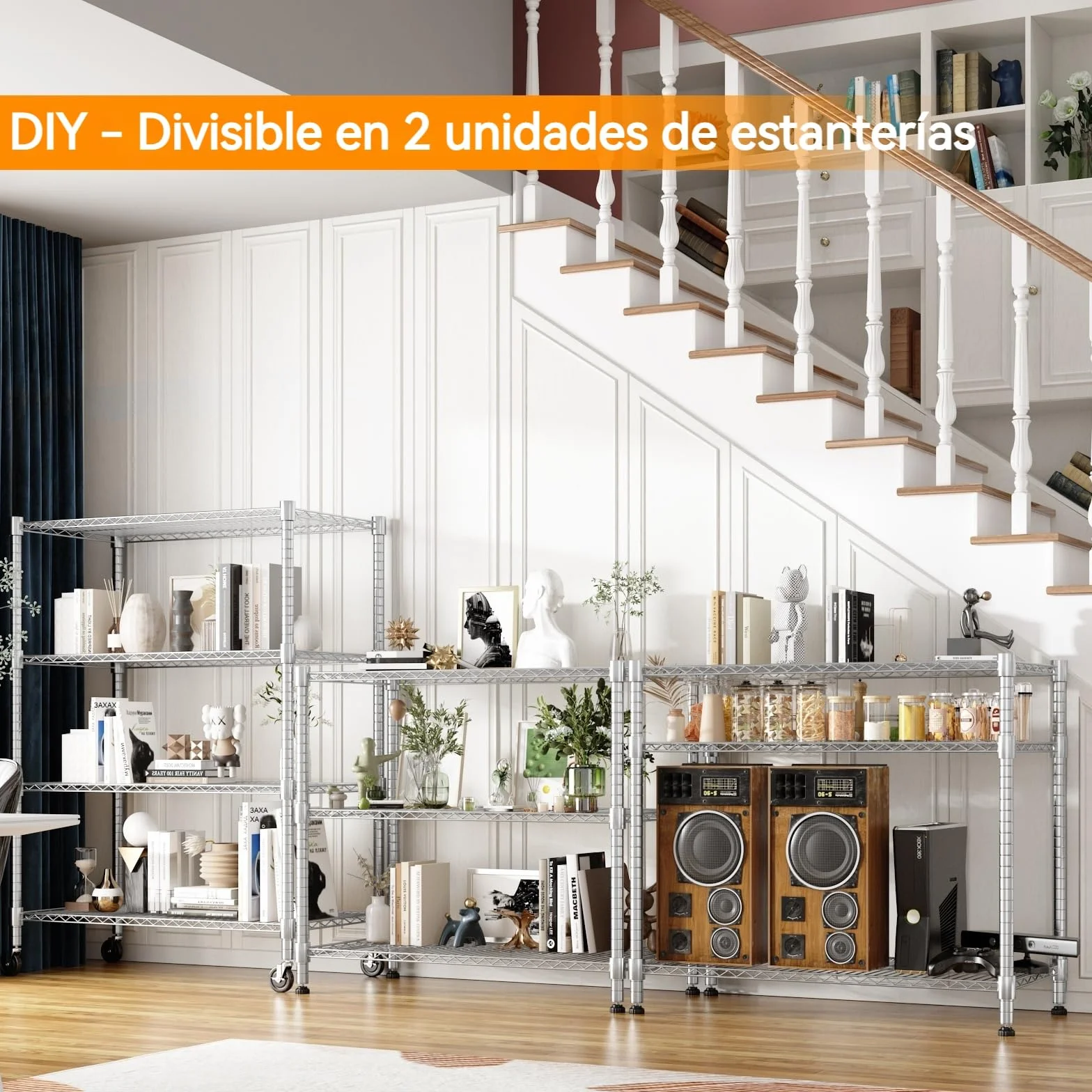Himimi Estantería de Alambre 4 Niveles con Ruedas, Altura Ajustable, 500 kg, 90x45x183 cm