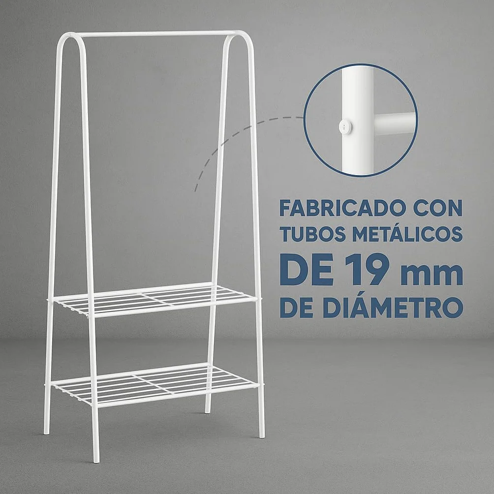 Perchero Burro Ropa y Zapatero Estantería Multiusos de Metal 2 Niveles Blanco