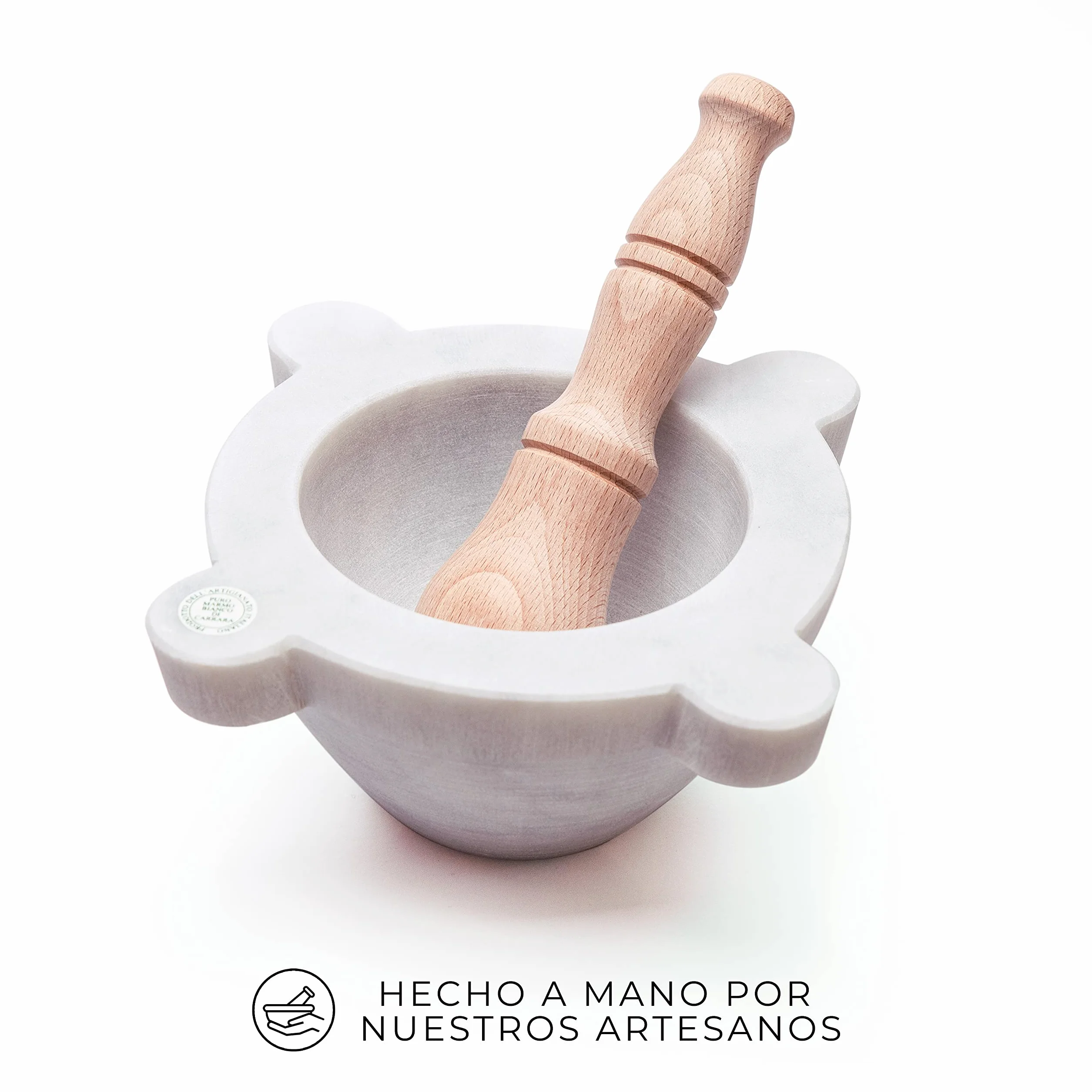 Mortero En Mármol Blanco De Carrara Con Almirez Bembo – Mortero Para Pesto Y Especias – Made in Italy - Modelo Genovés (cm 20)