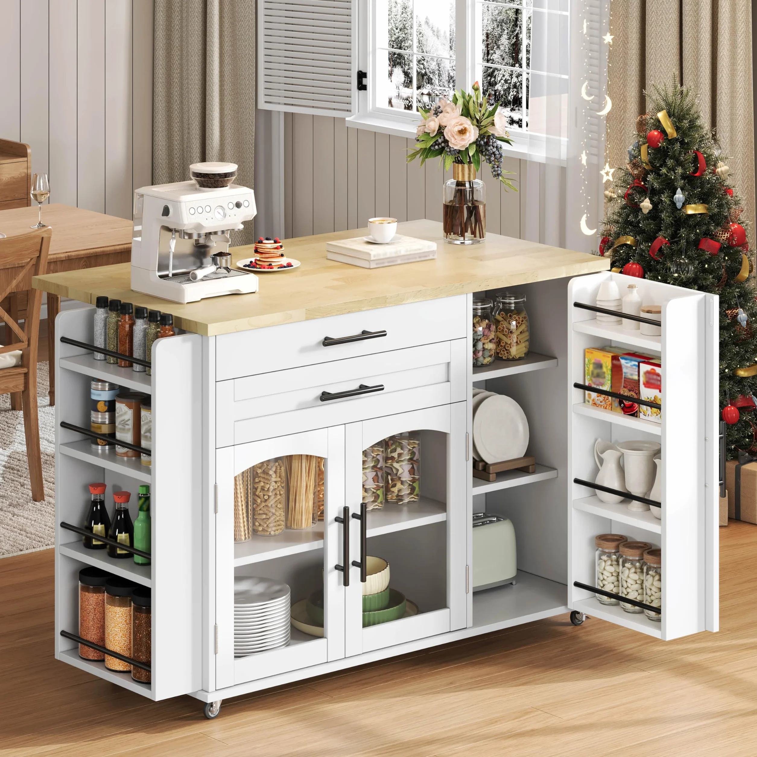 Isla de cocina con encimera, carrito de cocina independiente con 5 ruedas, armario de cocina con estante para especias y cajón, para cocina y comedor 120 x 45 x 90 cm (blanco)