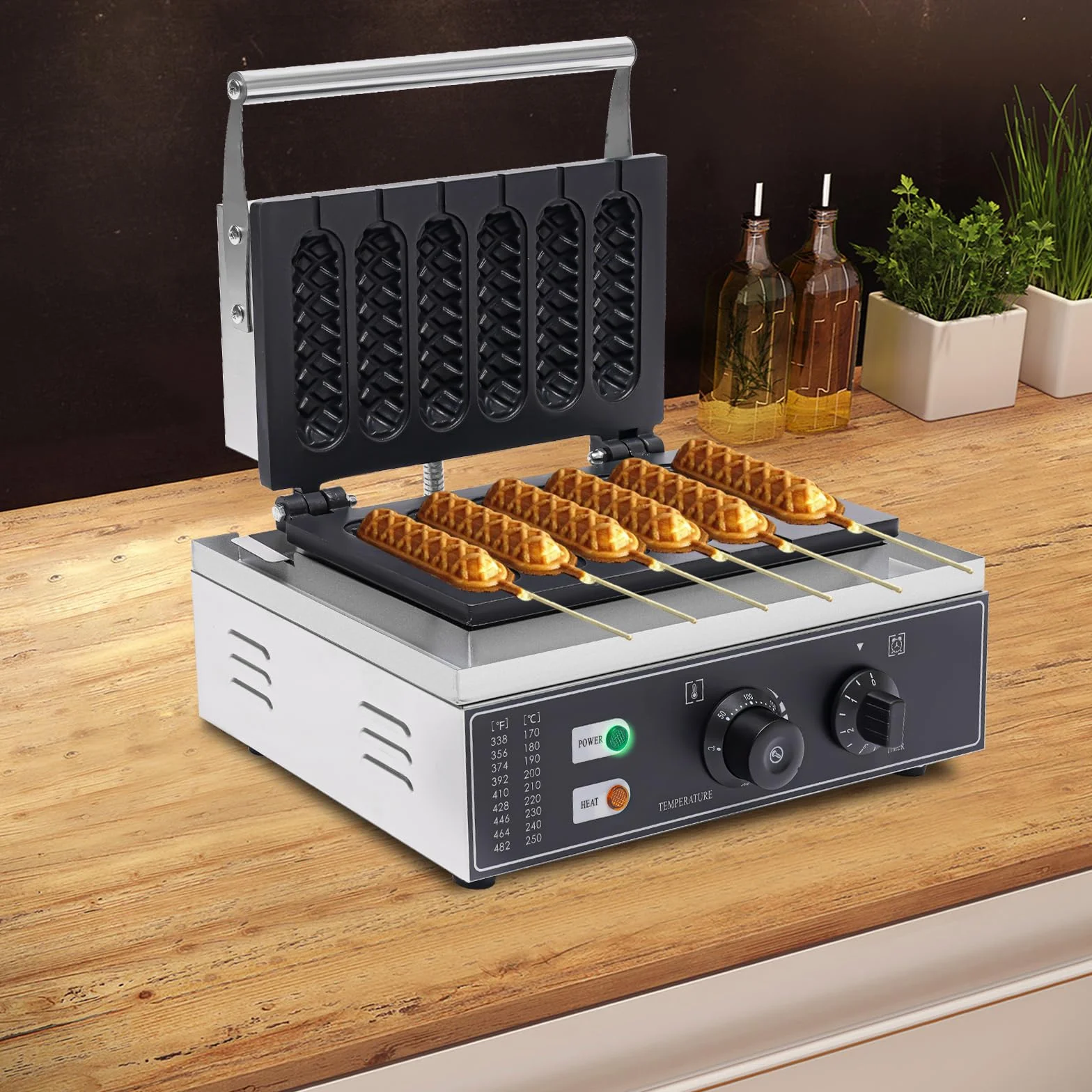 Waffeleisen Waflera, 1500W de acero inoxidable, máquina eléctrica de gofres comercial con 6 piezas de asa/perrito caliente, gofres en brocheta para panaderías, restaurantes, quioscos
