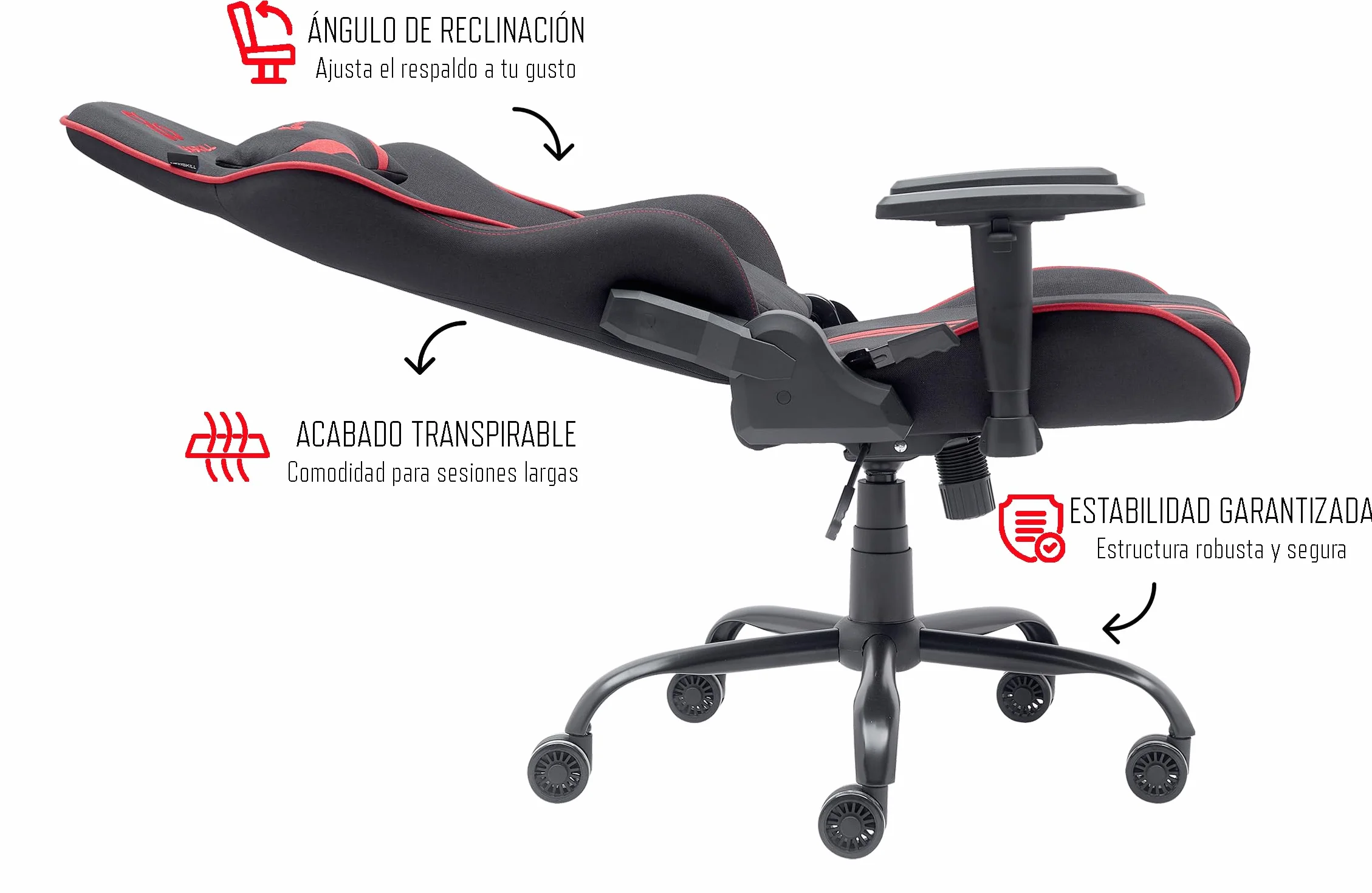 NEWSKILL KitsuneV2 Silla Gaming Ergonómica Respaldo Reclinable 180° Reposabrazos 2D Ajustables Cojines Lumbar Cervical Ruedas XL Silenciosas Tela Transpirable Rojo