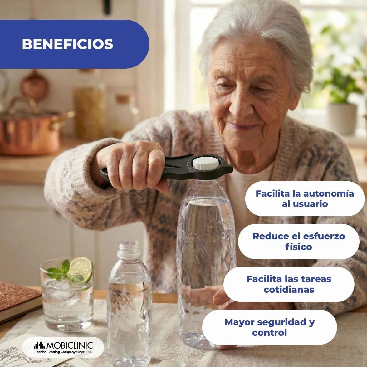 Mobiclinic®, Abrebotellas Ergonómico, Antideslizante, Multifunción, para Tapones, Botes y Latas, Ligero y Compacto, Fácil Uso, Personas Mayores y con Movilidad Reducida, Niños, Negro