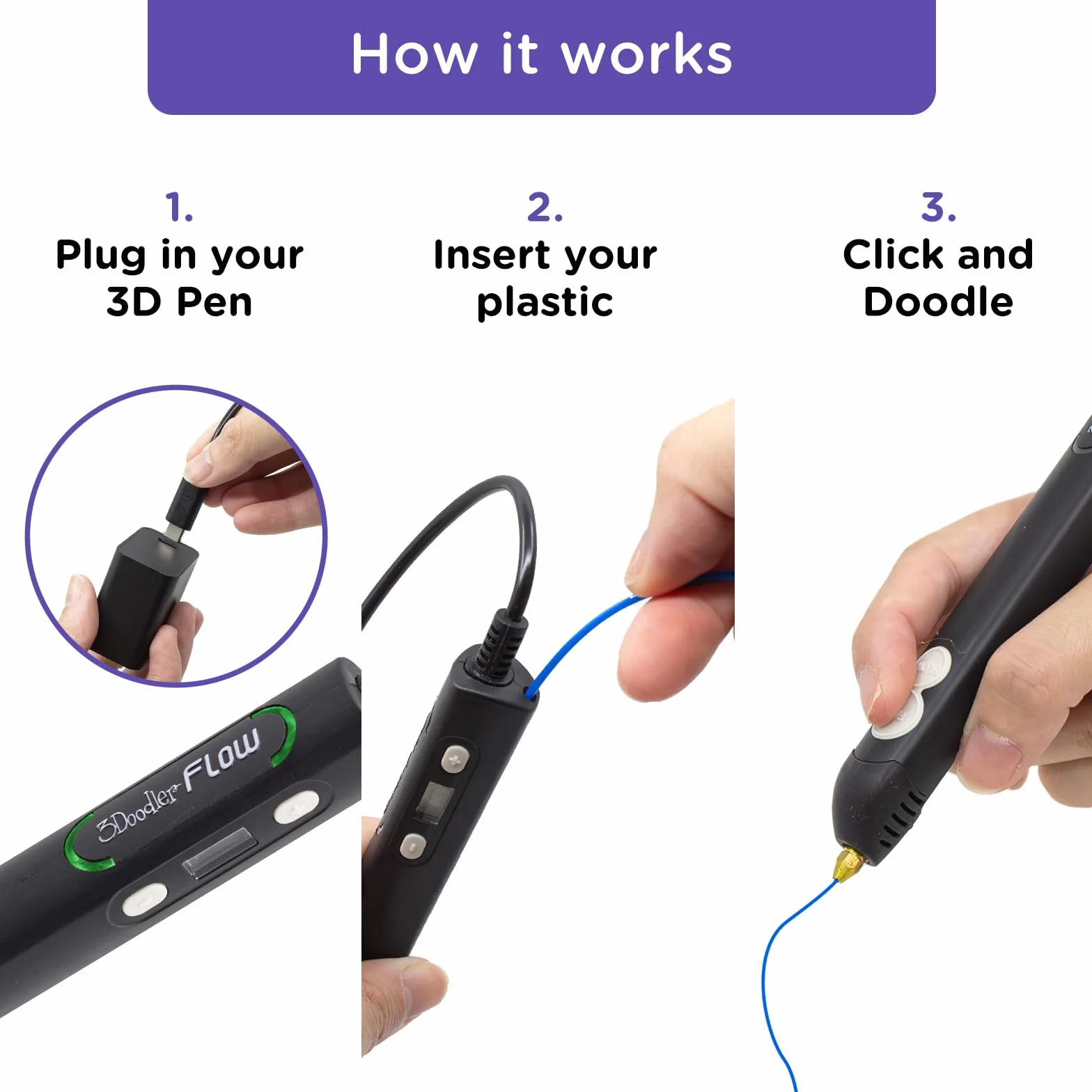 3Doodler Flow - Bolígrafo de impresión 3D para Adolescentes, Adultos y Creadores, Color Negro, con filamentos de Recambio gratuitos + Libro de Plantillas + guía de Inicio (Idioma español no