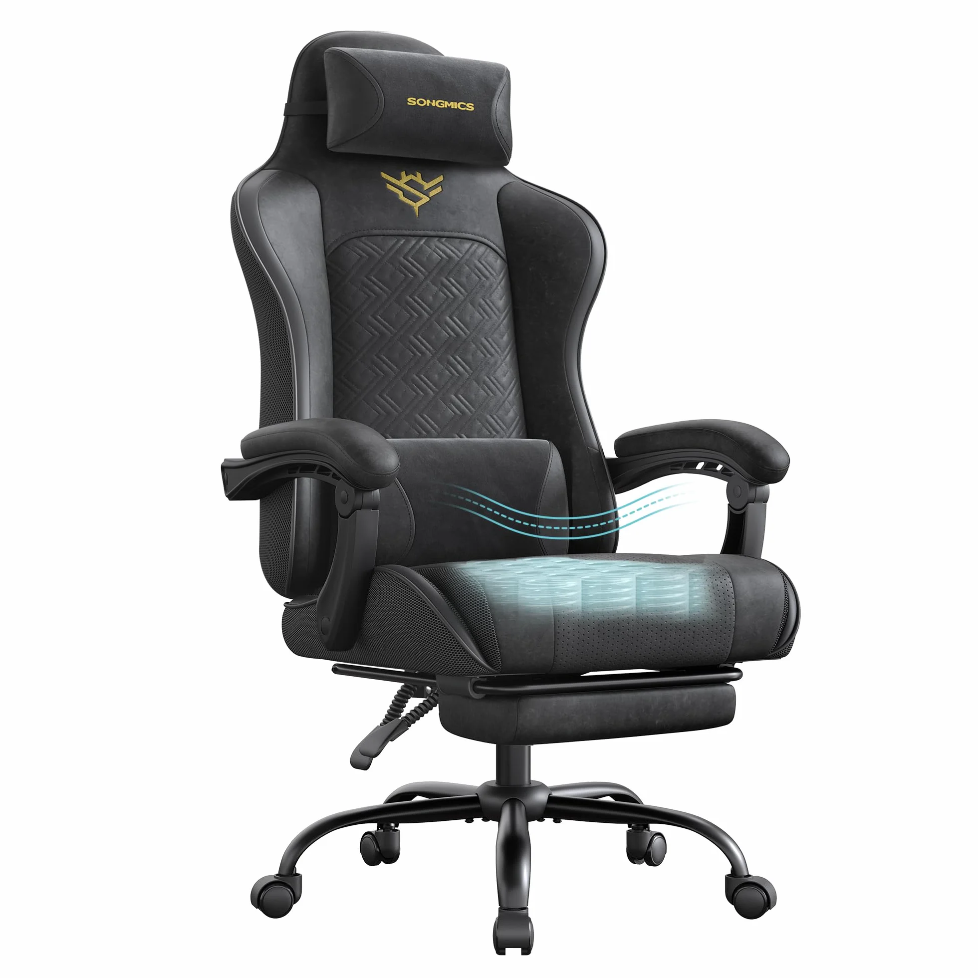 SONGMICS Silla Gaming Ergonómica de Escritorio con Resortes Reposapiés Reposabrazos Negro Tinta