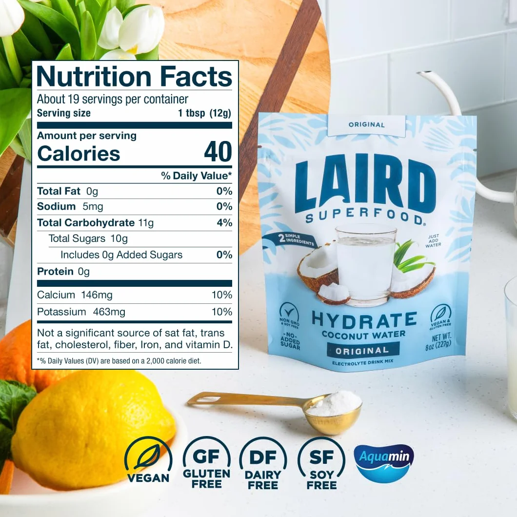 Laird Superfoods Hidratar el agua de coco con Aquamin en polvo original 8 oz