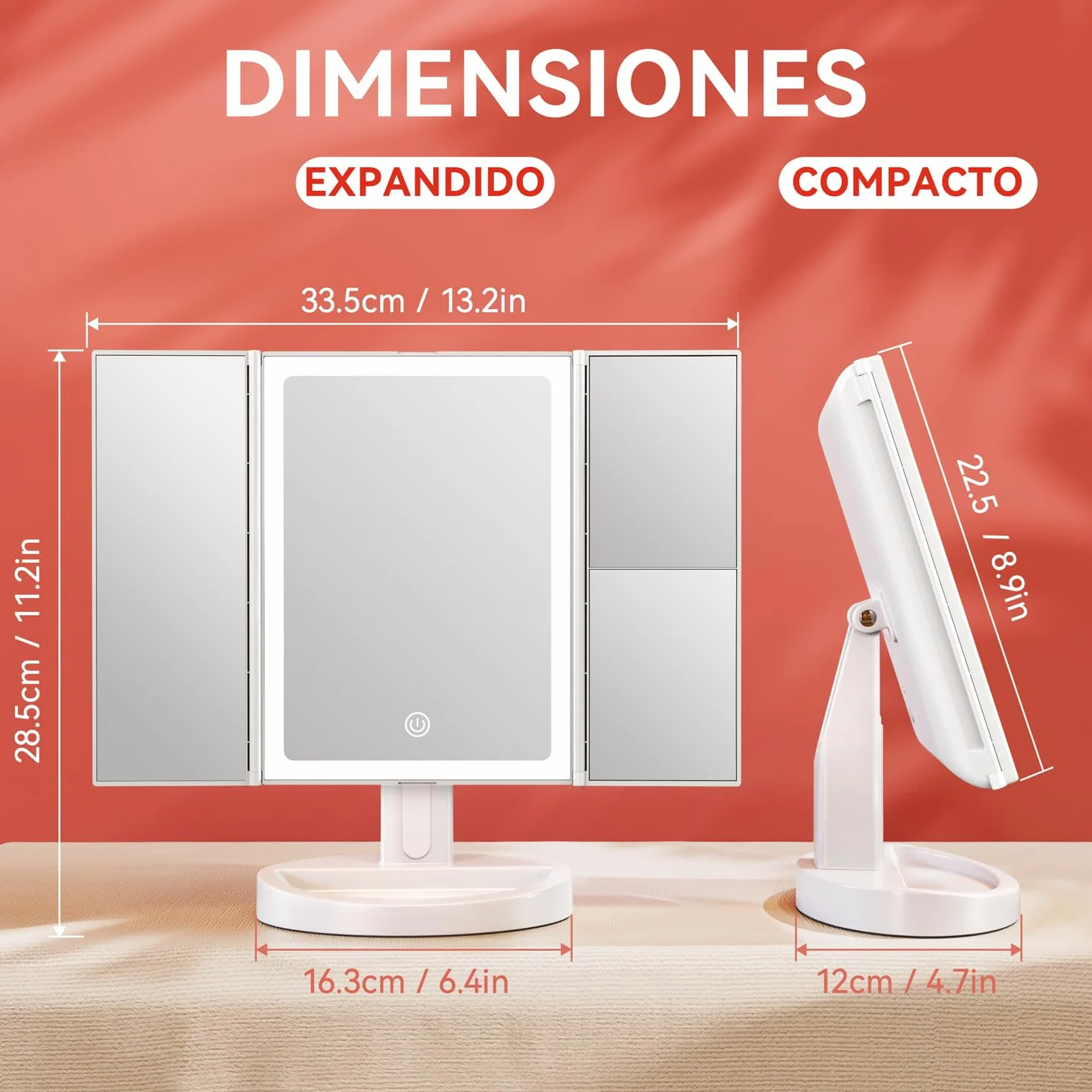 Auxmir Espejo Maquillaje con Luz 2000mAh Recargable 10X Aumento Tríptico 68 Leds Brillo Regulable 180° Giratorio 3 Colores Luz USB