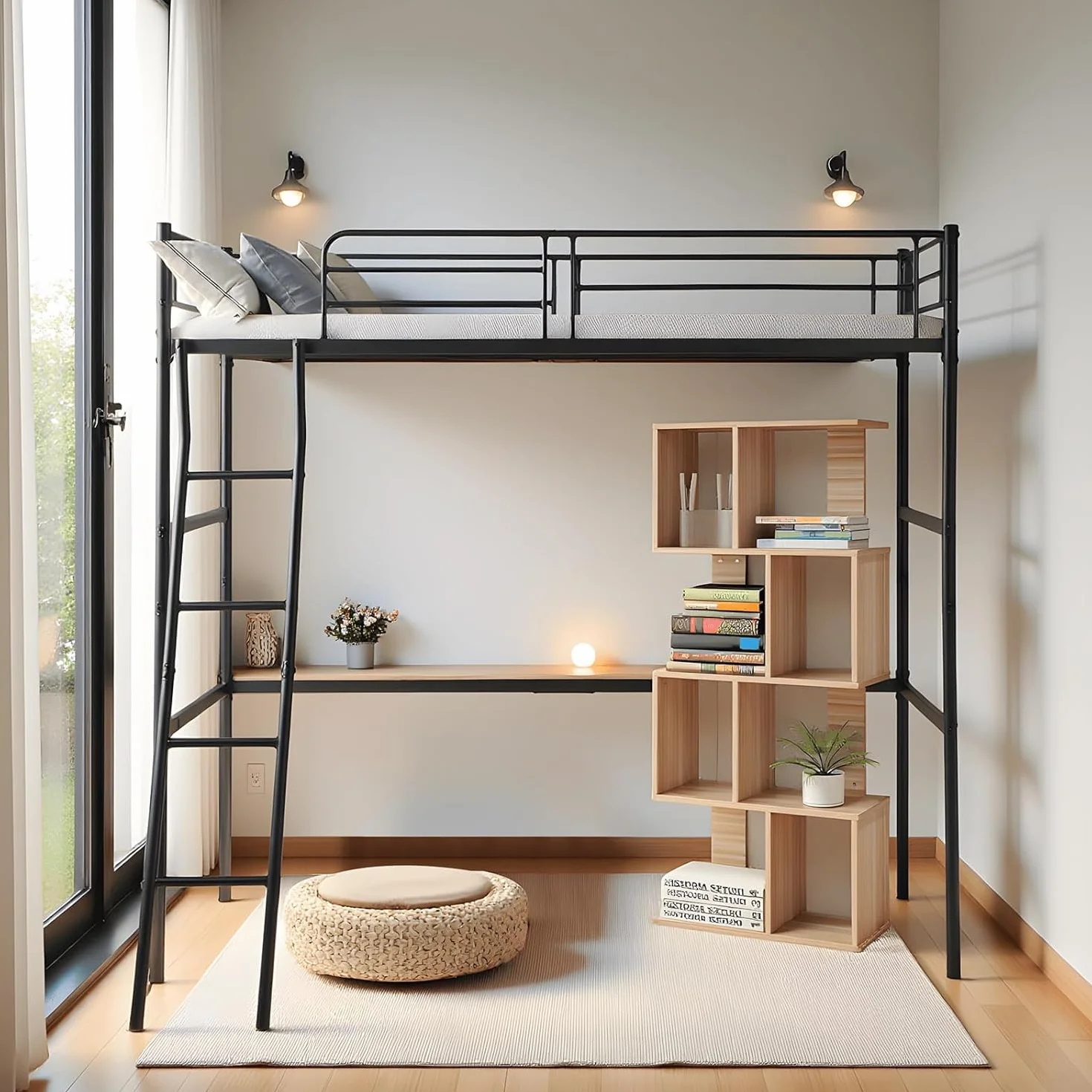 DORAFAIR Cama Alta 90x200 cm Metal con Escalera, Barandillas Seguridad, Negro
