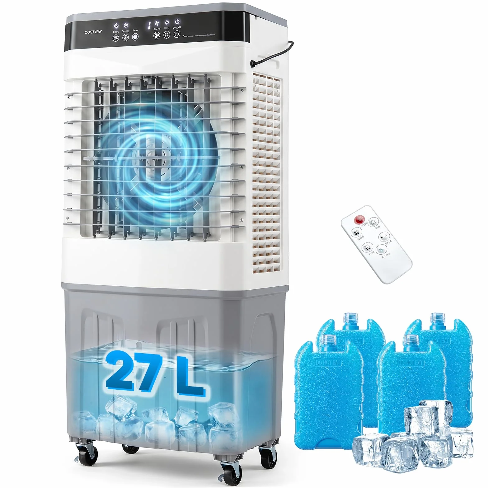 COSTWAY 3 en 1 Climatizador Evaporativo, Enfriador de Aire Portatil con 3 Velocidades, 2 Modos, 12H Temporizador, Ventilador con Ruedas, Oscilación de 70º/90° y Cubetas de Hielo (49 x 31 x 109 cm)
