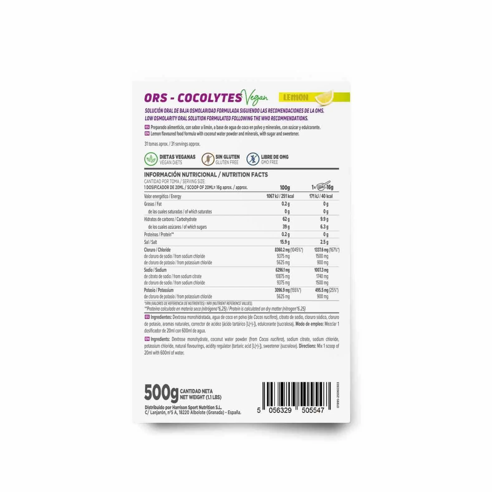 HSN Cocolytes Agua de Coco con Electrolitos Limón 500g Baja Osmolaridad Sales Minerales No-GMO Vegano Sin Gluten
