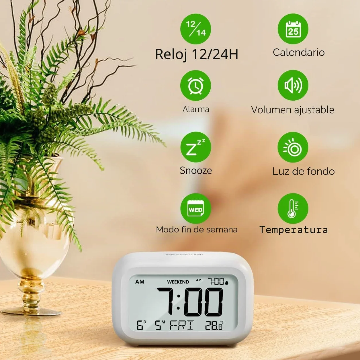 Doomay Despertador Digital de Mesita de Noche Reloj con Batería Pantalla LCD Volumen Ajustable Modo Fin de Semana Dormitorio Escritorio Viajes D-White