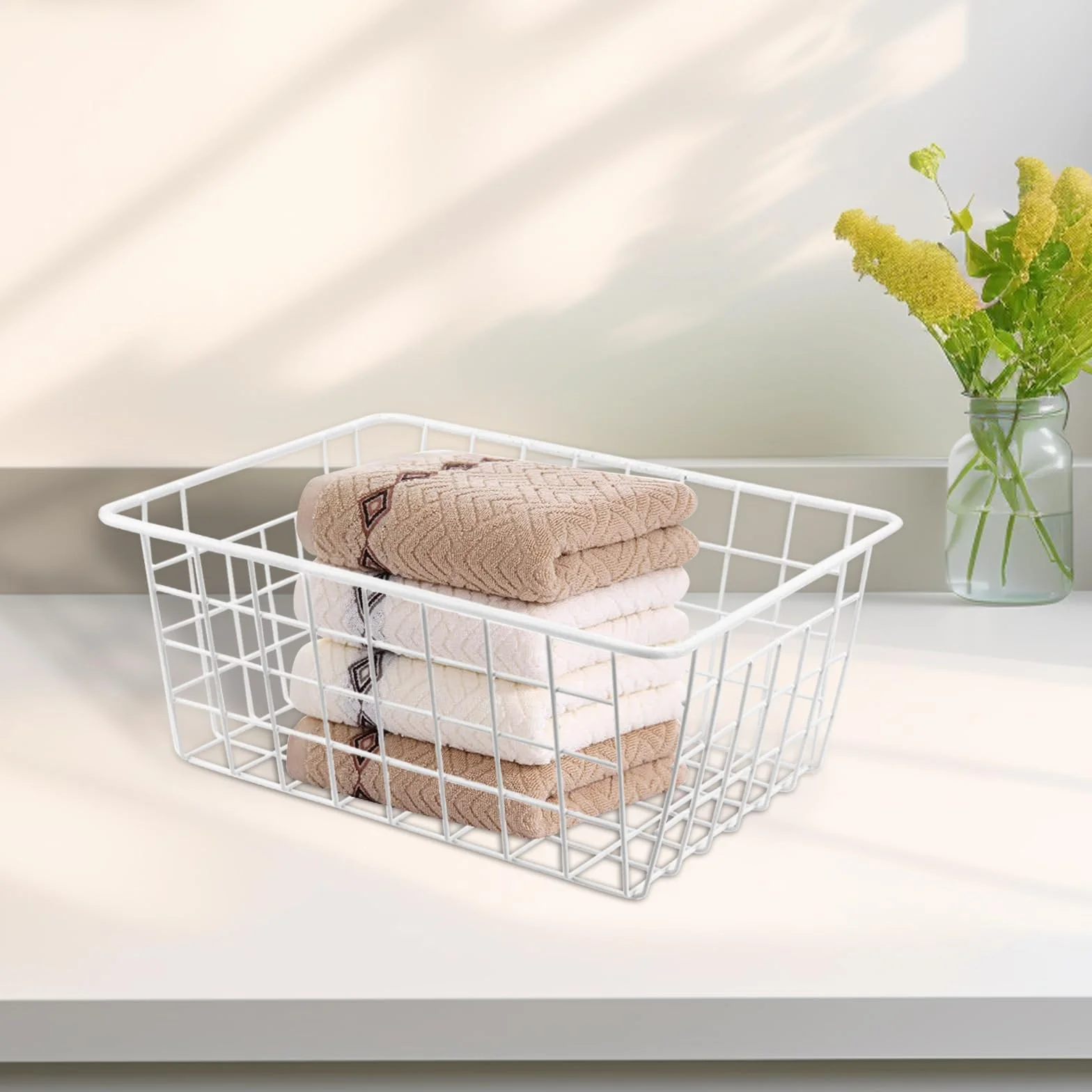 KEILEOHO 4 Cestas de Almacenamiento de Rejilla de Alambre Metálico, 28 x 22 x 12 cm, Cestas de Almacenamiento de Alambre para Baño, Cocina, Color Blanco