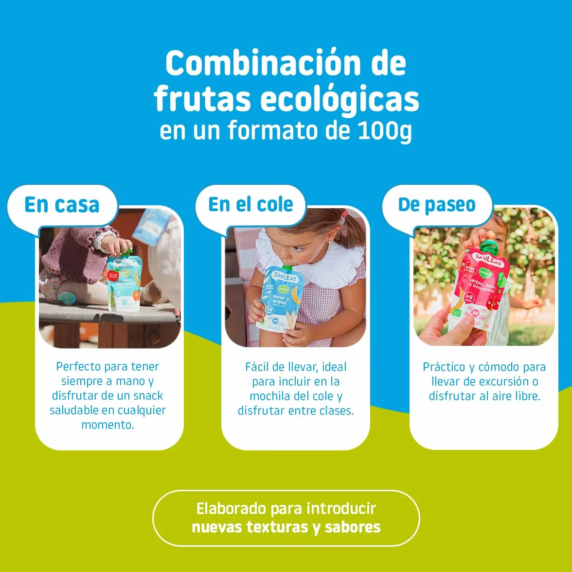 Smileat Pouch de Frutas Ecológicas Sin Sal ni Azúcar Añadido Sin Gluten Sabor Aguacate y Arándanos
