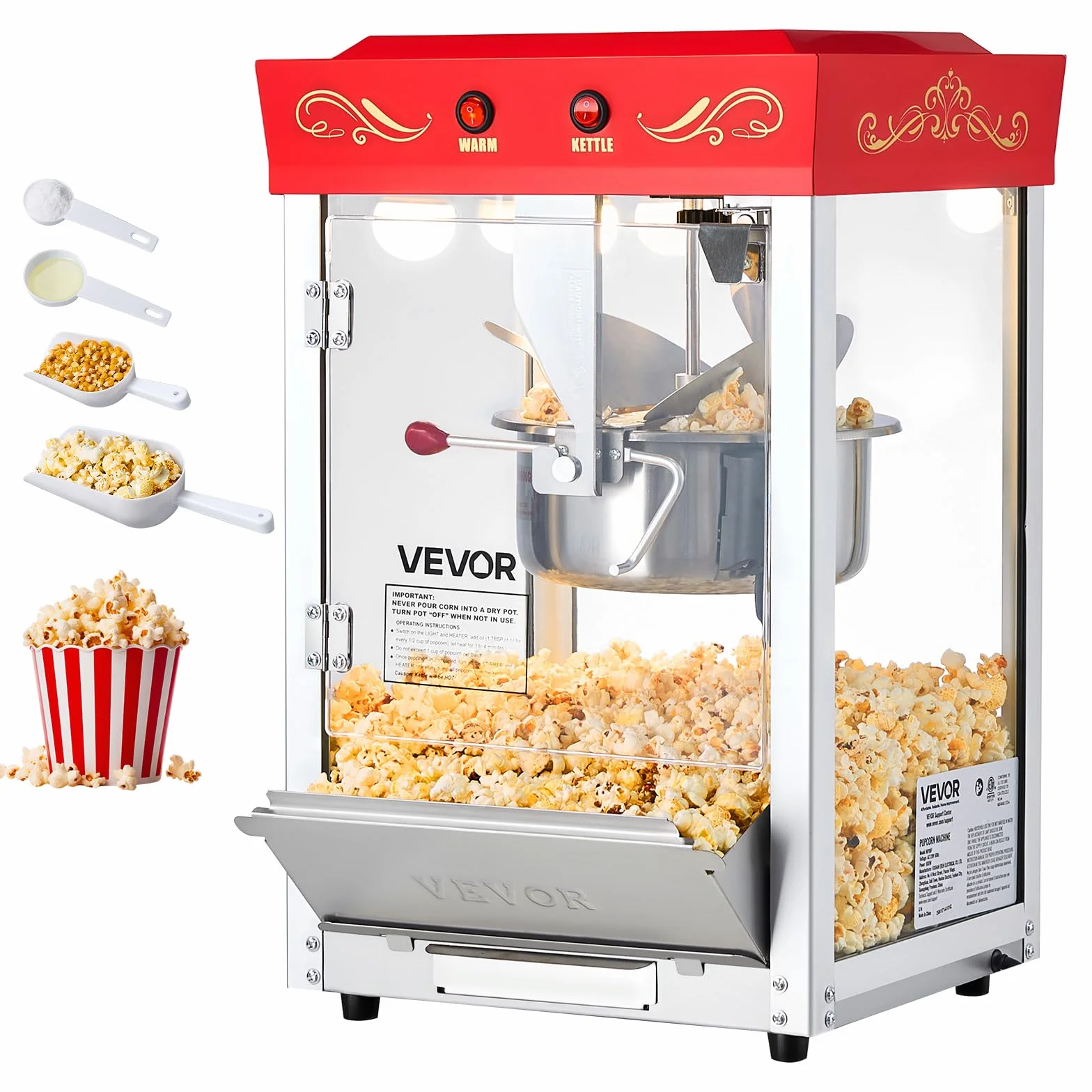 VEVOR Máquina de Palomitas con Hervidor de Acero Inoxidable de 0,2 kg, 800 W, 48 Tazas, Estilo Cine, con Control de 2 Botones, Puerta de PC con Panel de Vidrio, 1 Cucharada y 3 Cucharas, Rojo