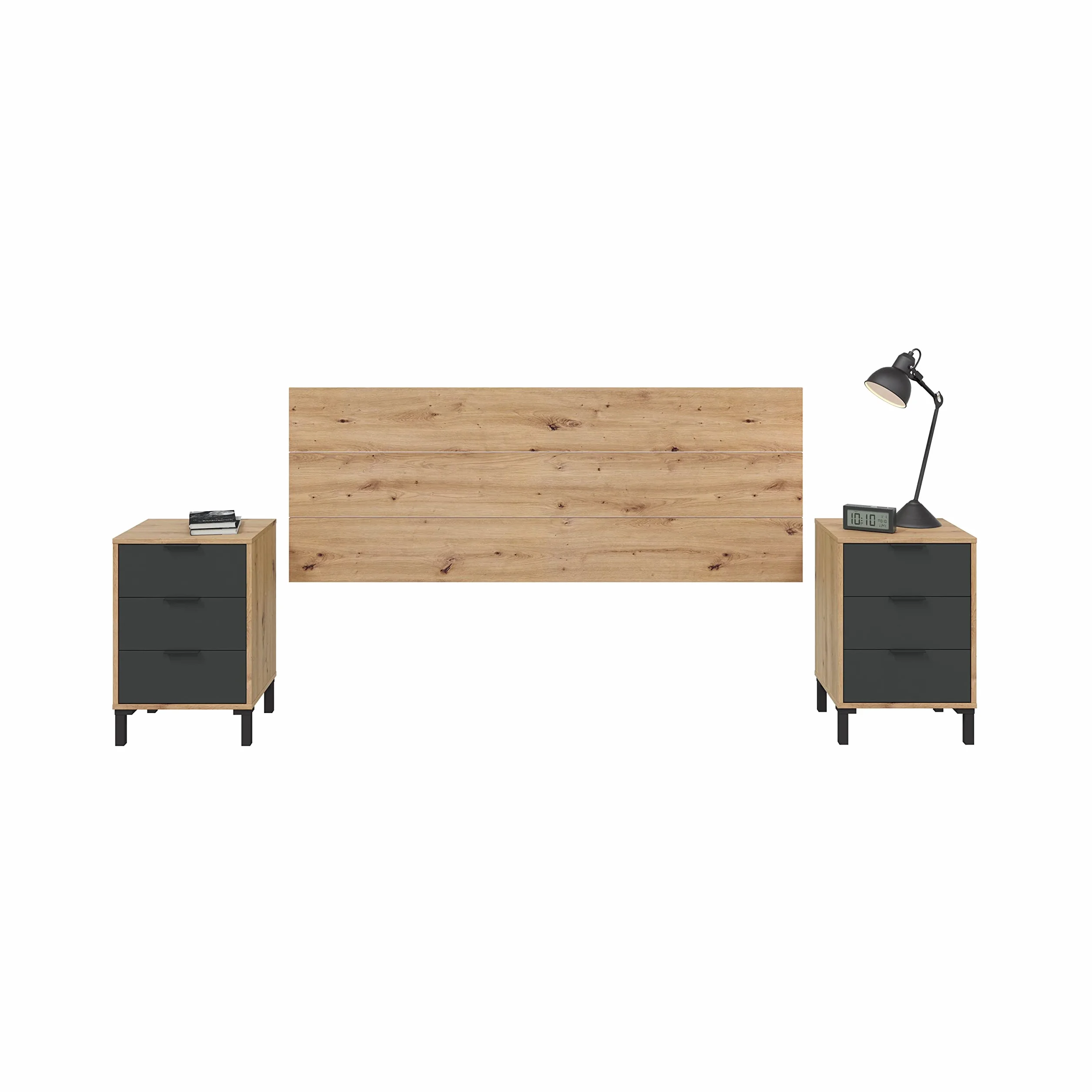 duehome | Cabecero y 2 mesitas de Noche, Cabecero Cama de Matrimonio, Modelo Luke, Acabado en Roble Nodi y Gris Antracita, Medidas: 160cm (Ancho) x 60 cm (Alto) x 2,5 cm (Fondo)
