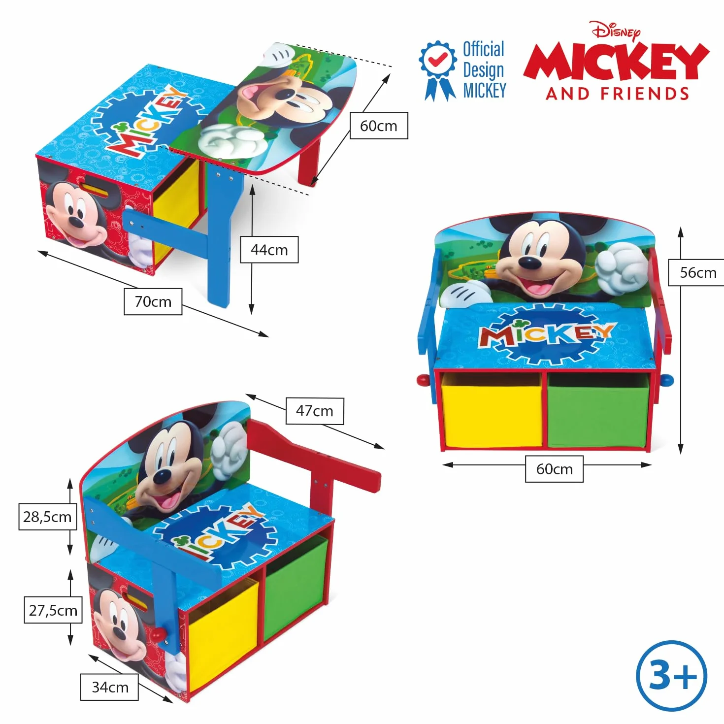 Banco pupitre infantil de madera convertible en escritorio con almacenaje inferior Mickey Mouse Disney 60x47x56cm Rojo Azul