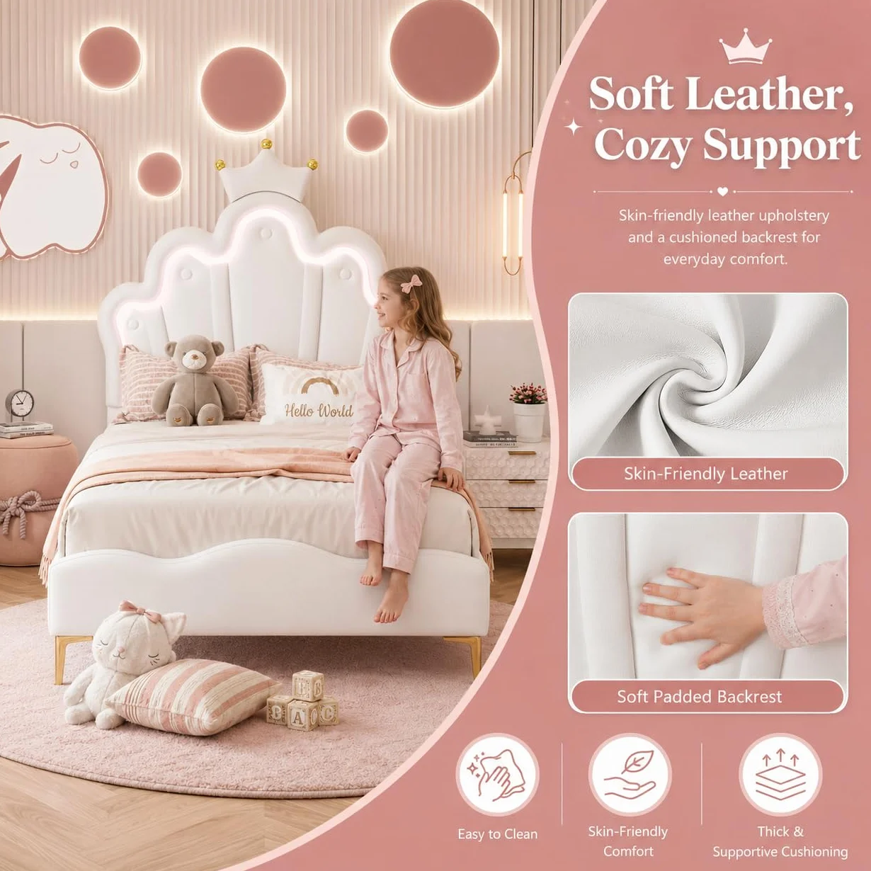 BRILVERDE Cama de Niña 90x200 con LED, Cama Princesa con cabecera coronada, Marco con somier de láminas, para niñas, para niños y adolescentes, PU (blanco, 90x200 cm)