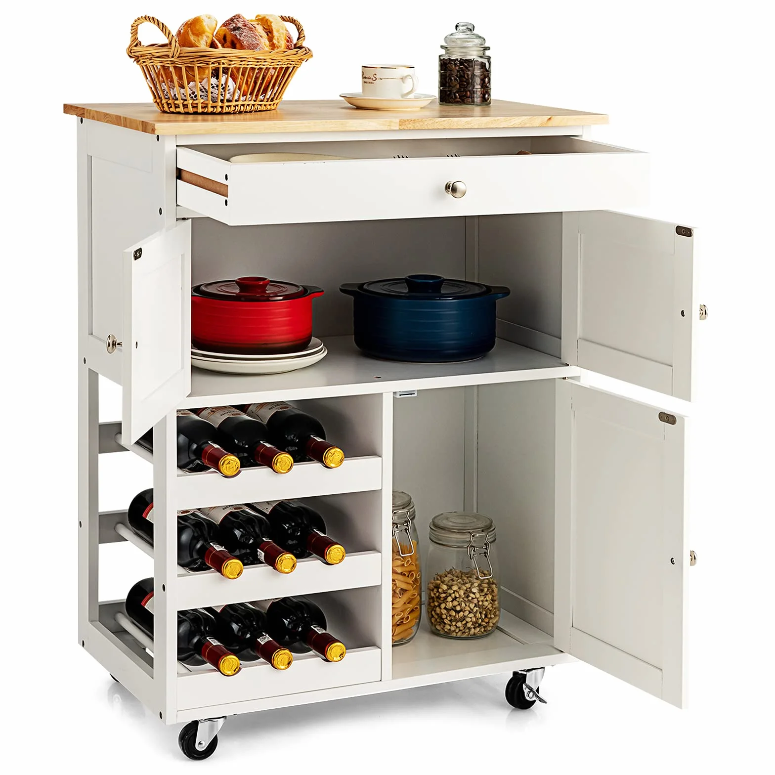 KOMFOTTEU Carro de Cocina de Madera, Carrito de Servicio con Ruedas, Mueble Isla Móvil con Cajón, Botellero de 3 Niveles y 2 Armarios, para Comedor, Bar, Restaurante, 67 x 37 x 86 cm (Blanco)