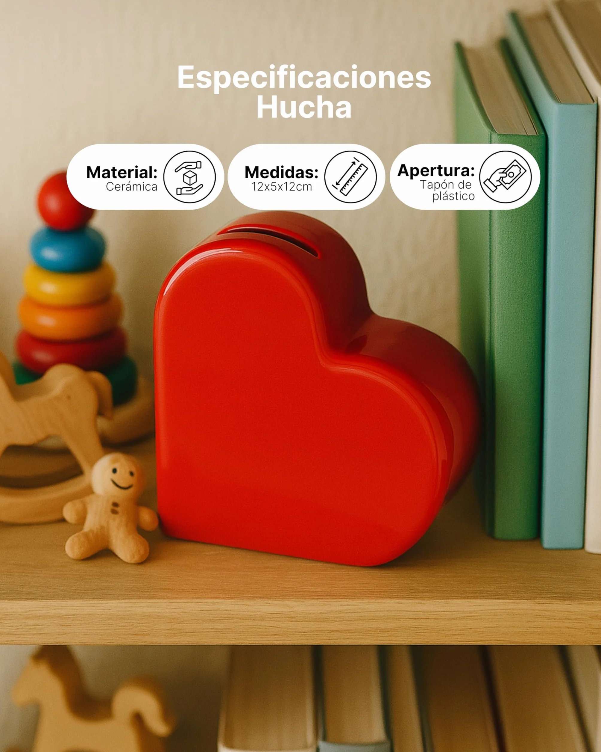 Hucha Decorativa en Forma de Corazón, Cerámica Roja, Regalo para San Valentín, 12x5x12 cm
