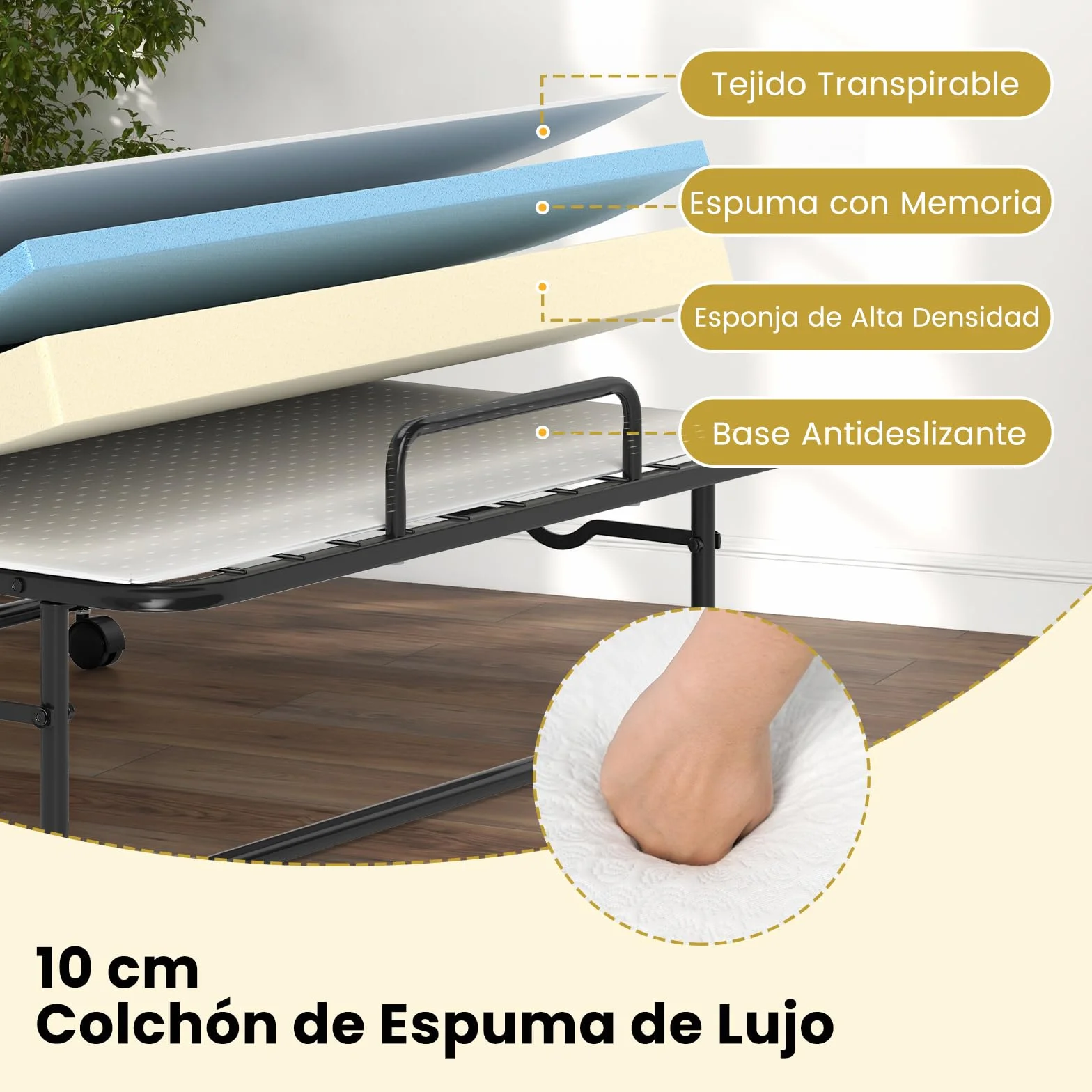 COSTWAY Cama Plegable 90 x 190 con Colchón, Cama Supletoria Plegable con Espuma de Memoria y Estructura Metálica, Individual de Invitado, Carga 220kg