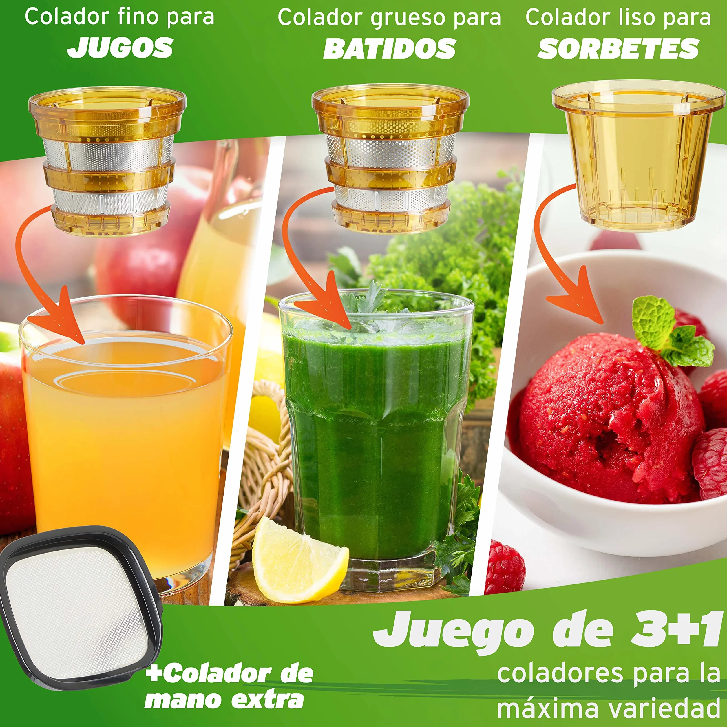 *NUEVO* NUTRI-PRESS NO.1 Exprimidor lento de 3 coladores para zumos, batidos y frutas heladas - Muy silencioso y 100% libre de BPA - Exprimidor eléctrico de frutas, verduras y apio