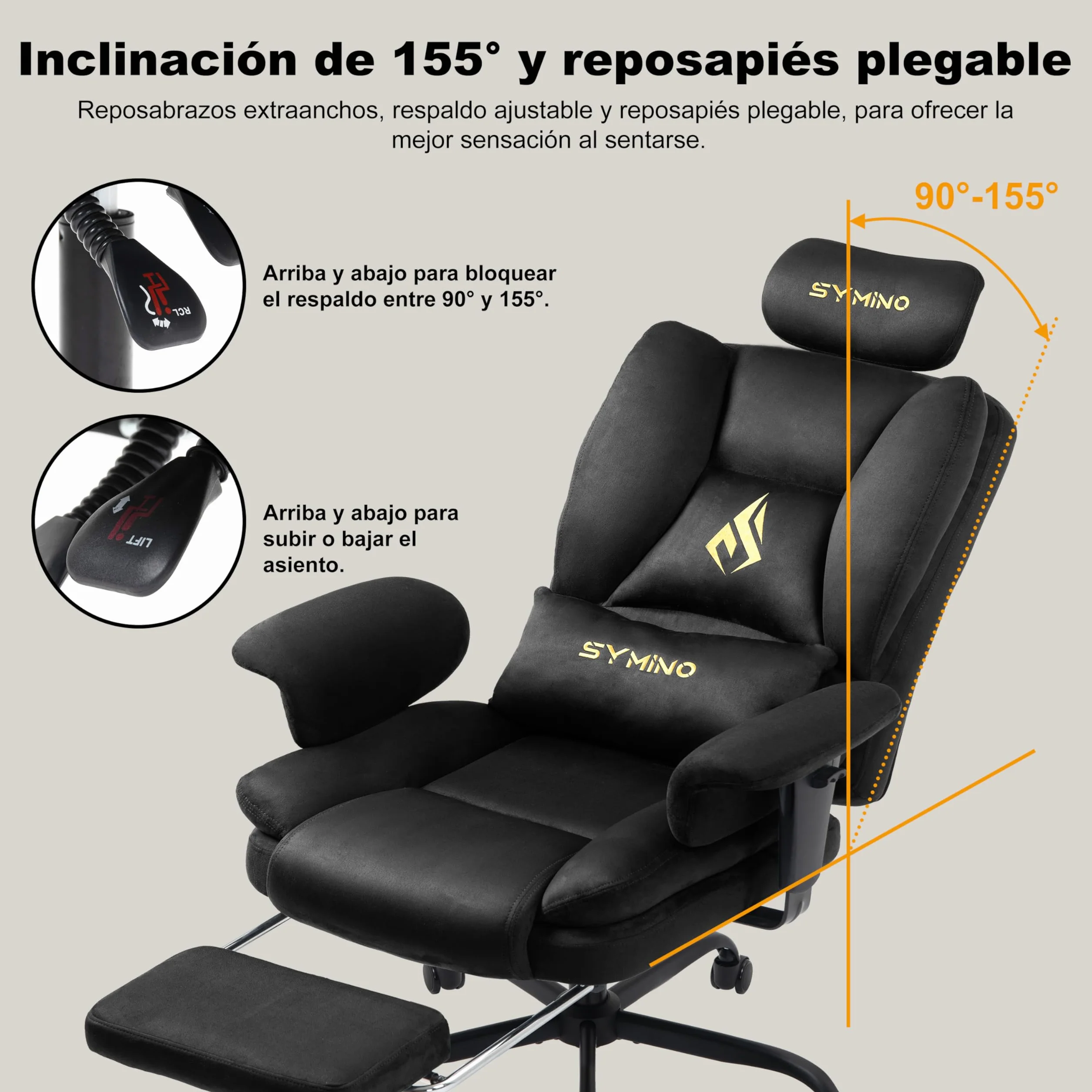 Symino Silla Gaming Ergonomica con Reposapiés - Silla Gamer de Oficina Reclinable 90-155° con Reposabrazos Ajustable -Adultos hasta 130kg
