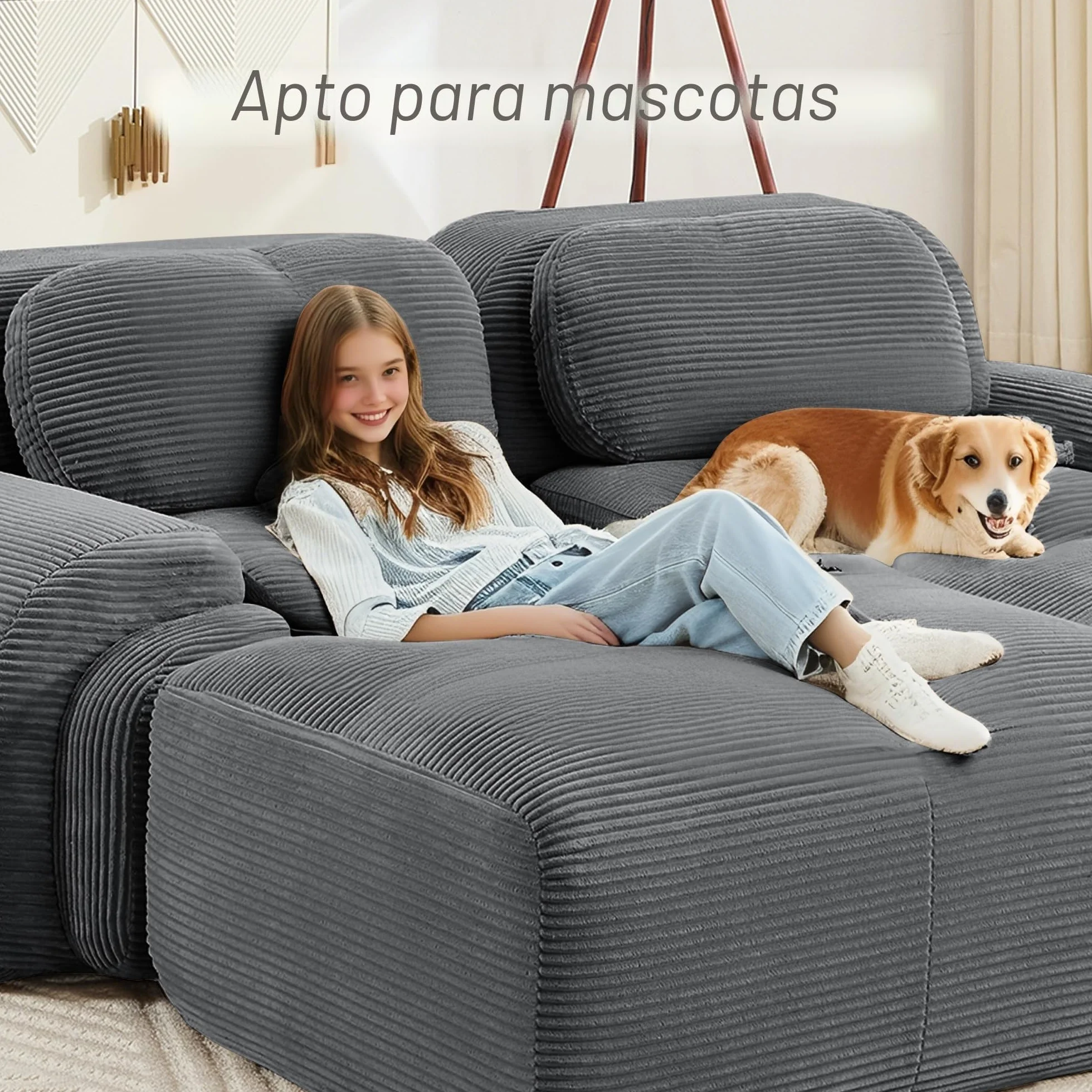 Sofá modular de 3 plazas de tela de pana, sofá sin estructura, sofá comprimido, sin montaje y con base antideslizante, combinable libremente, para salón, zonas de descanso, 298×103×75cm (Gris