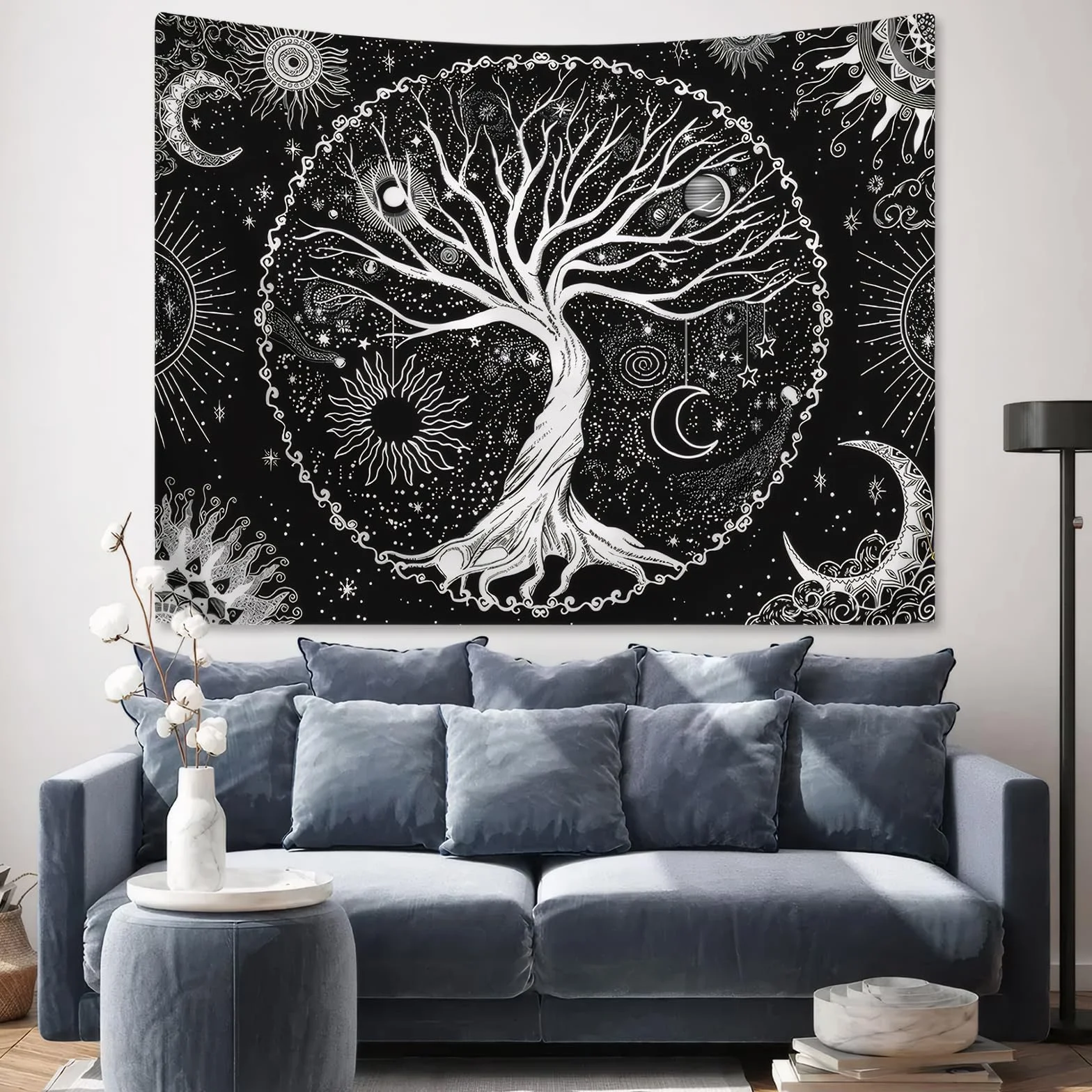 DecorDwell Tapices de Árbol de la Vida,150x130cm Tapiz Pared Fases Lunares，Tapiz de Mandala Psicodélico,Tapiz de Pared Blanco y Negro,para Habitación，Dormitorio，Salapareo Playa（ Blanco Negro