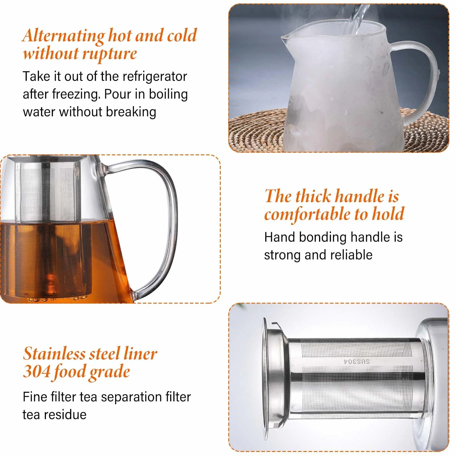 Tetera con colador y tapa, 1300 ml, tetera de vidrio borosilicato, tetera de cristal con filtro extraíble, tetera de cristal, resistente al calor, para té suelto, té de fruta, té perfumado