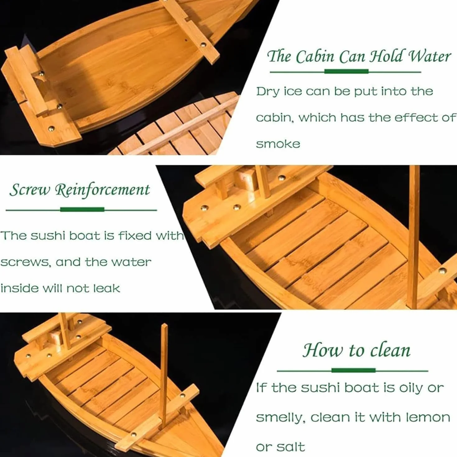 Barco De Bambú JaponéS para Sushi, Contenedor para SalmóN Y Marisco En Forma De Barco, Plato Grande para Servir Hielo Seco, para Restaurante O Plato Casero