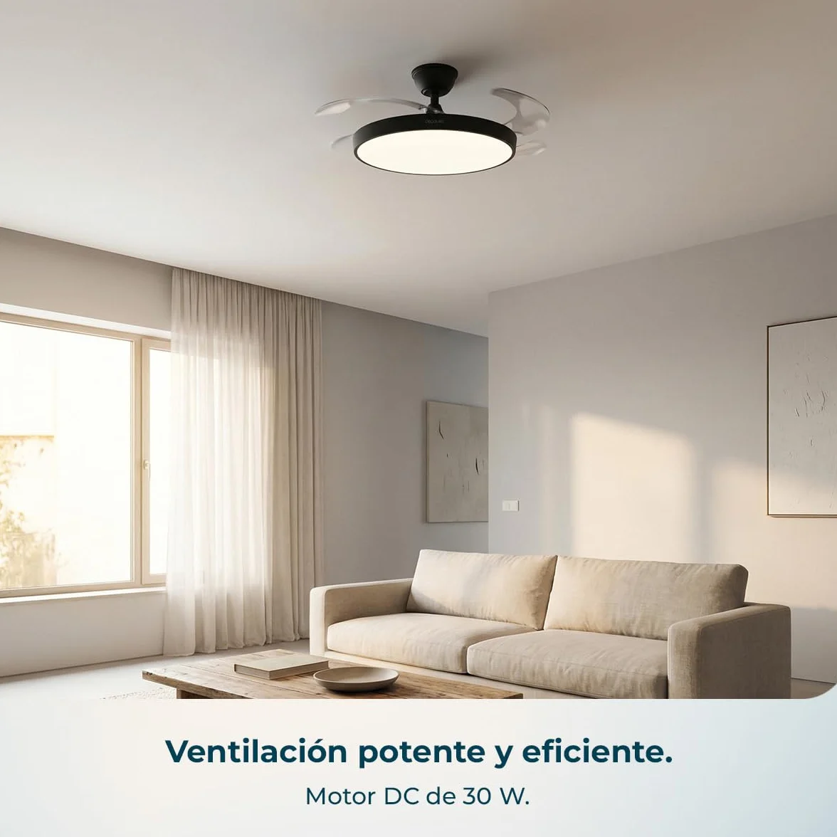 Cecotec Ventilador de Techo con Luz Aspas Retráctiles EnergySilence Aero 300 Air Invisible Black 30W Motor DC Mando a Distancia 6 Velocidades