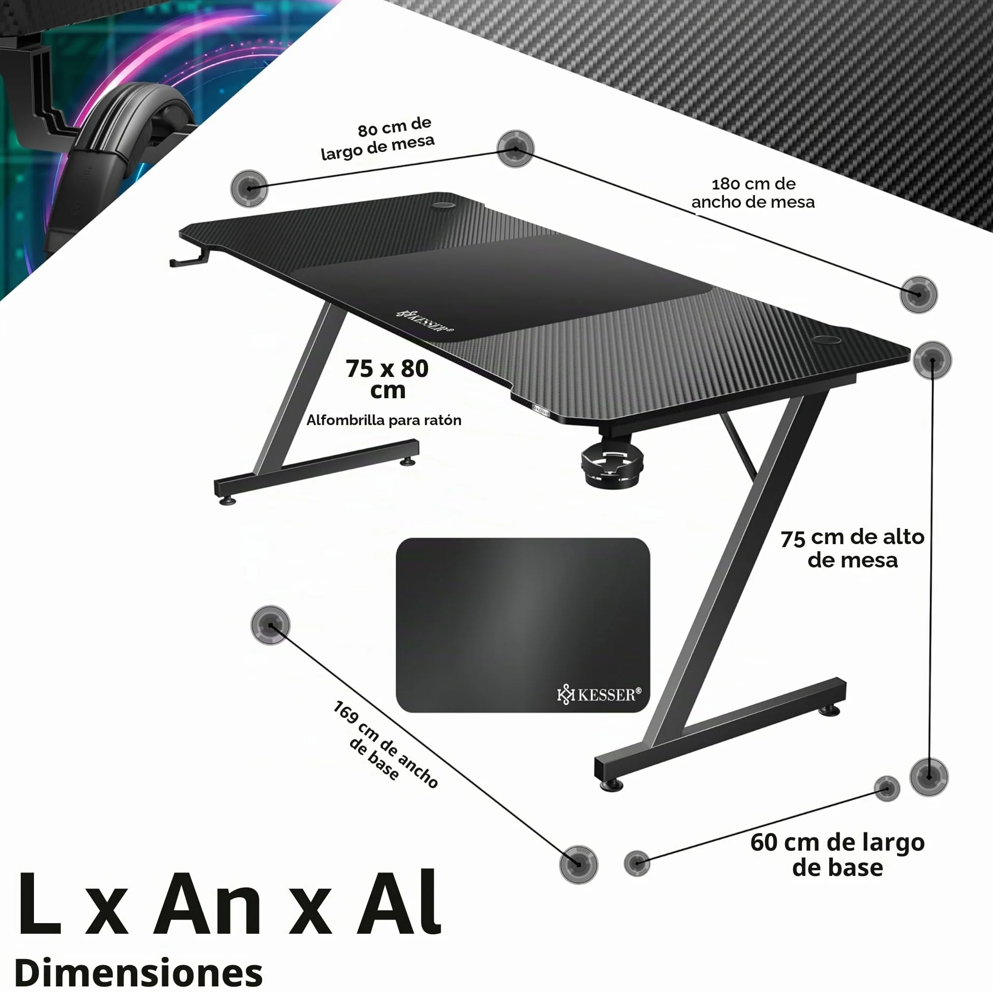 KESSER® Mesa Gaming | 180 x 80 cm | Escritorio para Gamer en Forma de Z | Soporte para Auriculares | Mesa ergonómica para Ordenador | Incl. Alfombrilla de ratón y Soporte