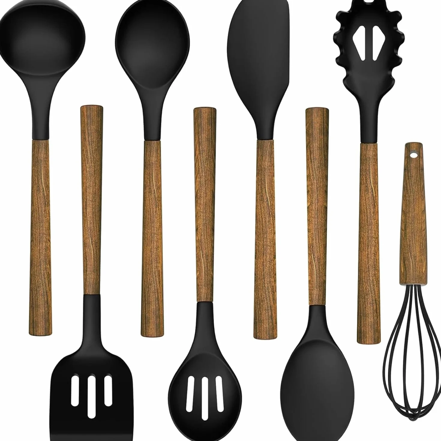 Umite Chef - Juego de utensilios de cocina de silicona de 8 piezas con asas de madera de acacia natural, cabezales de silicona de grado alimenticio, juego de espátulas de silicona para utensilios de