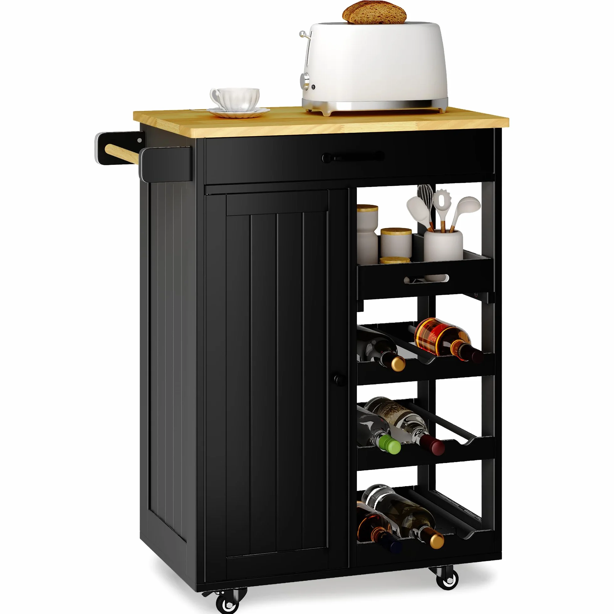Xbro Carrito Auxiliar con Ruedas, Carrito con encimera, cajón, Bandeja extraíble, Estante para Vino, toallero y Gancho, Carrito Auxiliar para Cocina, Comedor y Bar, 40 x 64 x 91 cm, Negro