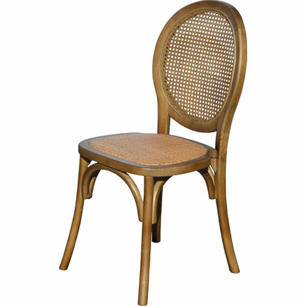 EME Silla Medallón Madera Oscura de Olmo con Asiento de ratán Natural y Respaldo de Rejilla. Incluye 1 Unidad. Silla apilable, con Acabado rústico.
