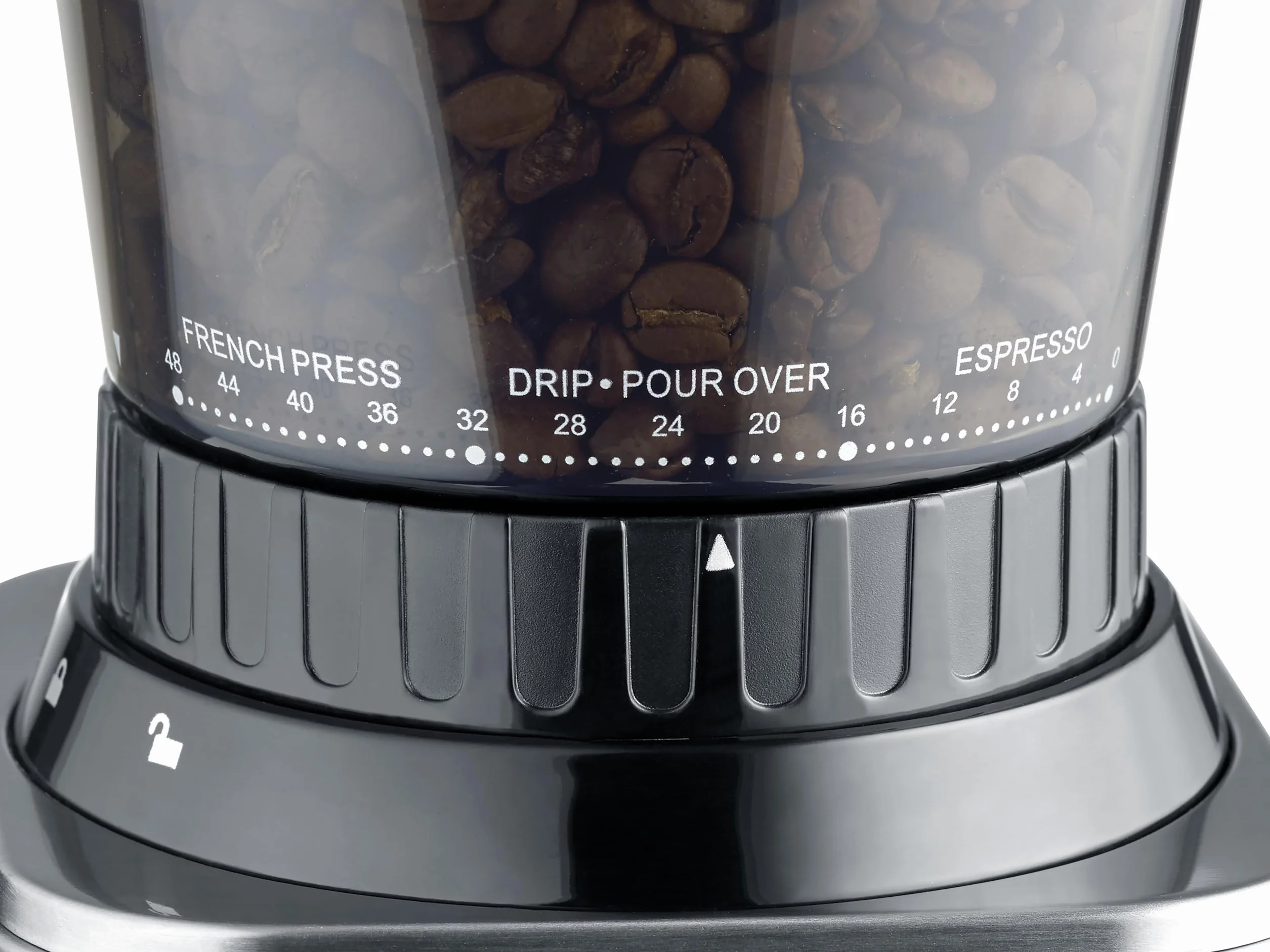 CASO BaristaChef Inox - Molinillo de café eléctrico con muelas cónicas, pantalla táctil, temporizador digital y sobresaliente, capacidad de 250g, 48 niveles de molienda precisos - acero inoxidable