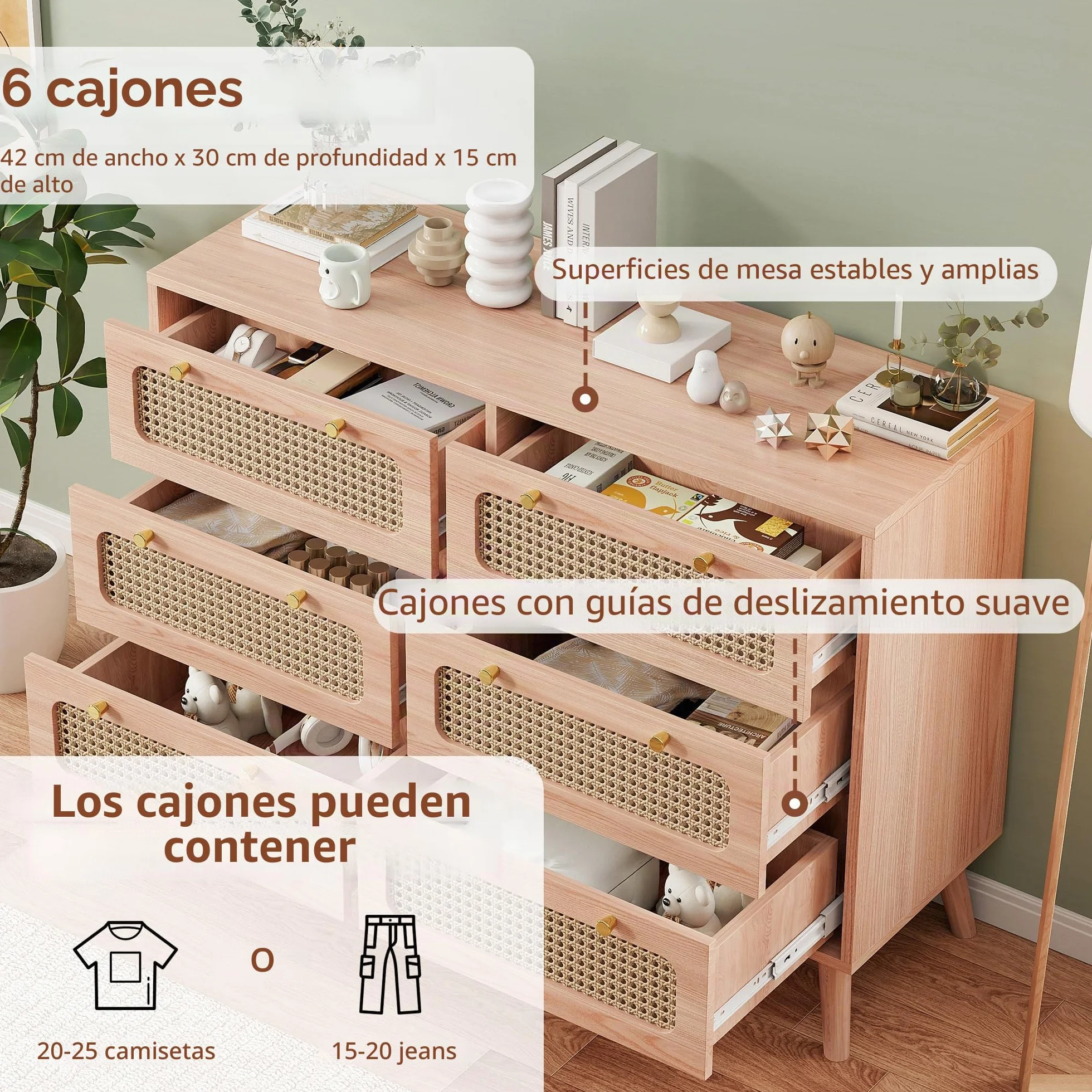 Cómoda de 6 cajones de Madera, Estilo nórdico, cómoda de Almacenamiento con Paneles de ratán, cómoda de Dormitorio Adulto, Color Madera Natural, 100x34x73 cm