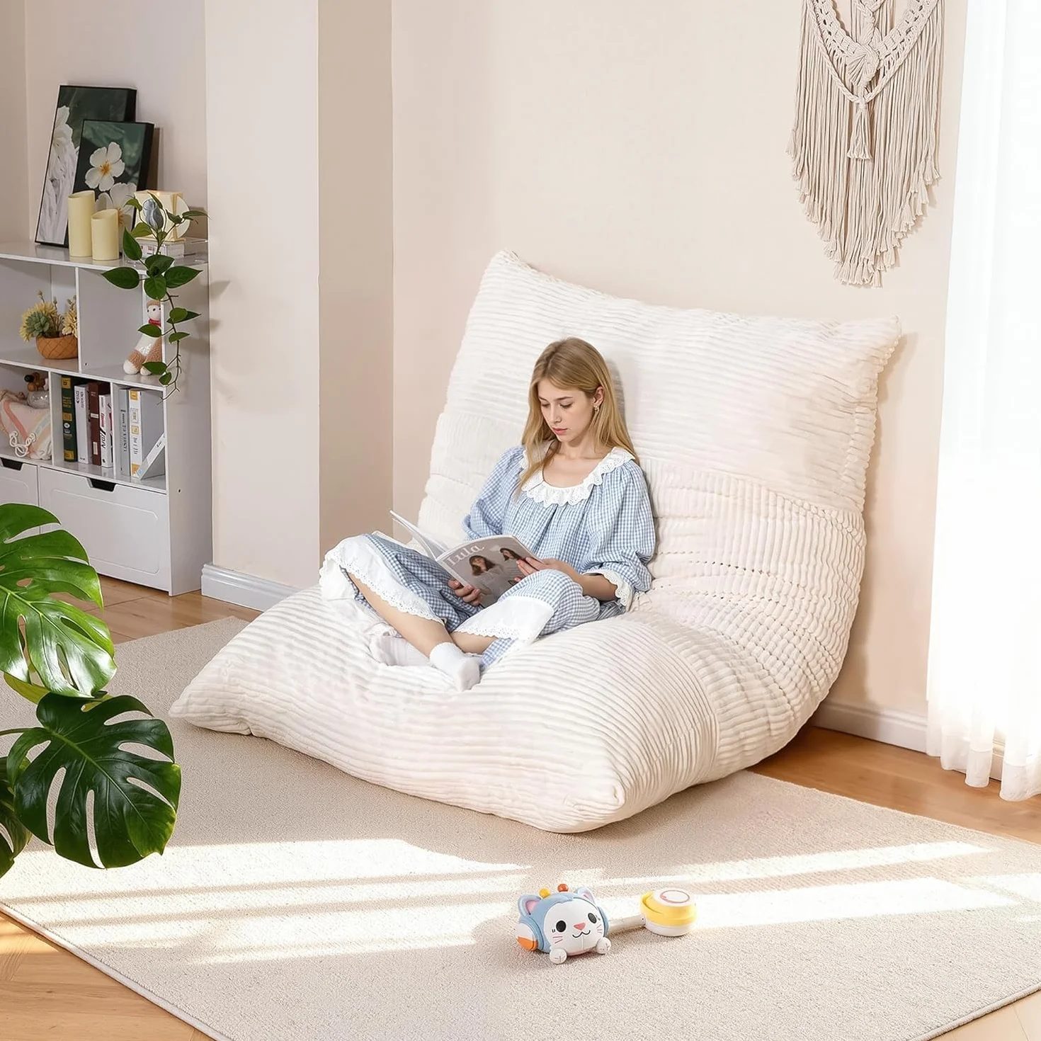 NALONE Puff Salon con Relleno Incluido de Lujo XXXL, 4-en-1 Sofa Puf Gigante Sillón De Bean Bag De 195 cm, Piso con Cubierta De Franela Y Lavable para Dormitorio Y Salón (Blanco)