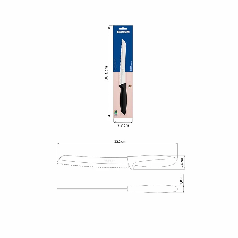 Tramontina Cuchillo para Pan en Acero Inoxidable y Mango de Polipropileno Negro Plenus 20 cm
