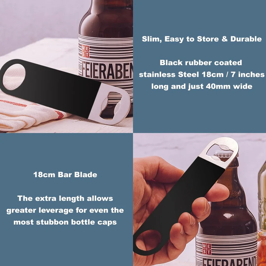 FLOW Barware Abridor de botellas, hoja de barra de 18 cm | Abridor de botellas de cerveza de acero recubierto de goma | Cuchillas de barra profesionales de doble versión | Paquete de 4 unidades negro