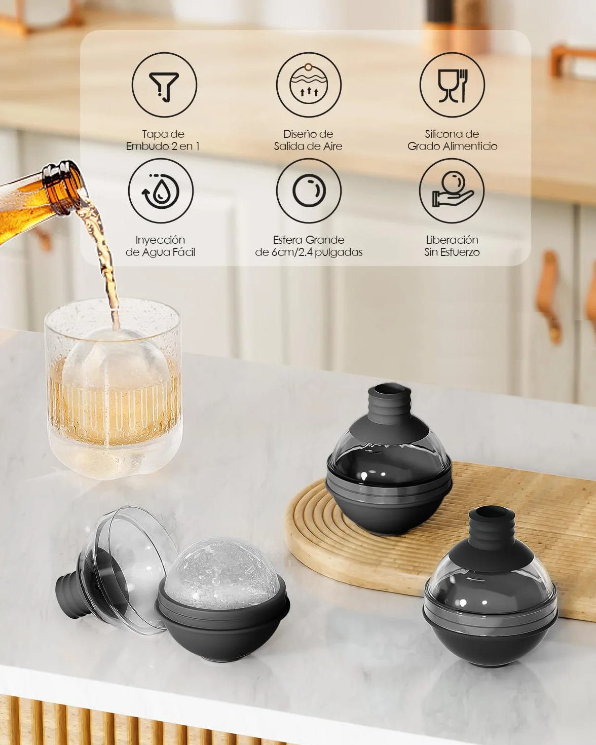 Bandeja de Hielo Circular Reutilizable 6 cm para Cubitos de Hielo con Tapa de Embudo - Cubiteras Grandes Redondos para Whisky, Cócteles y Vino (4 pcs)