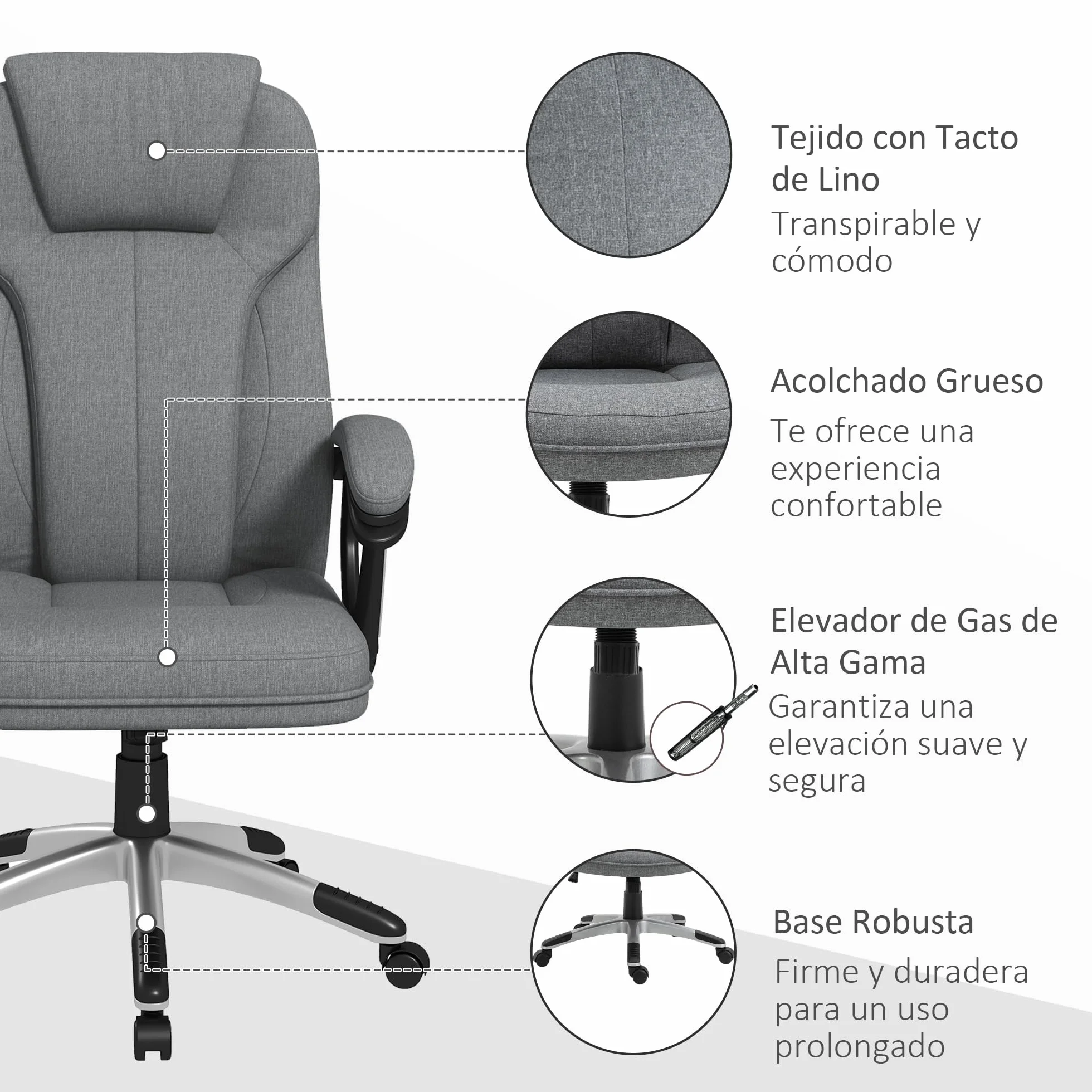 Vinsetto Silla de Oficina Ergonómica Giratoria Tapizada en Tela con Respaldo Alto y Reposabrazos Ajustable 66x75x110-120 cm Gris