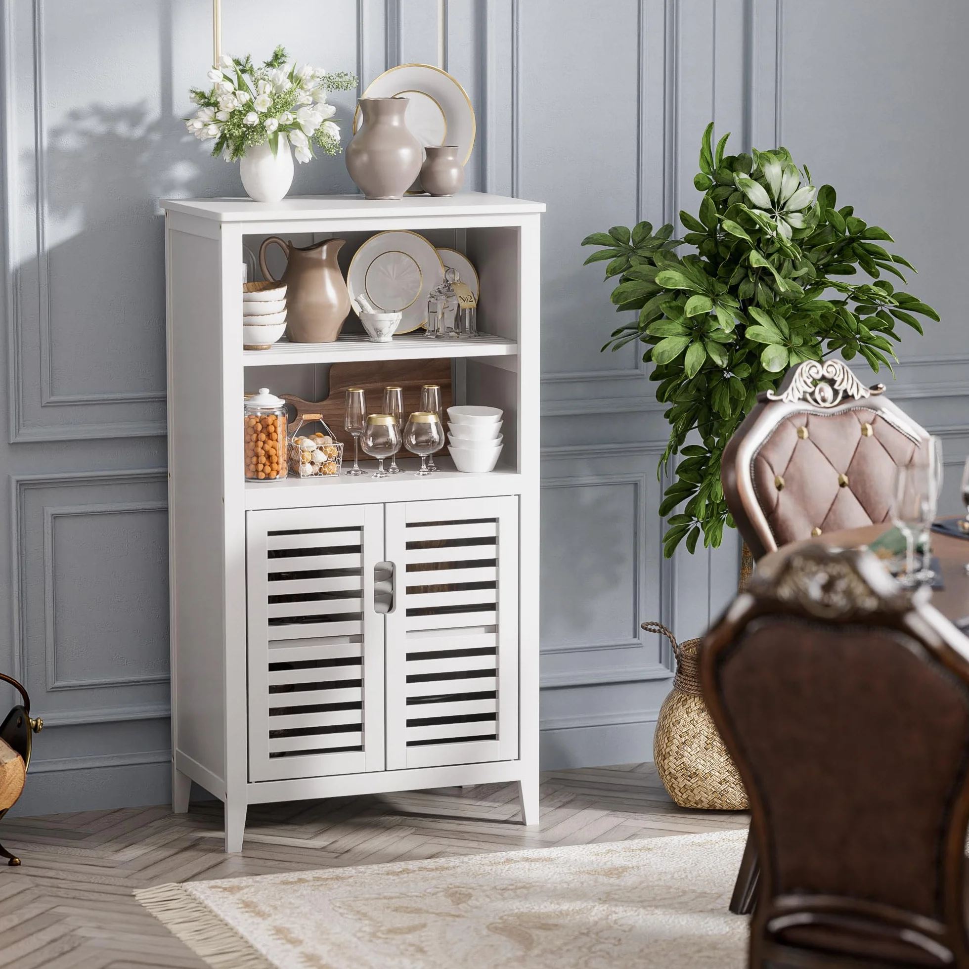 HITNET Mueble Baño Bambu, Armario Bajo Baño Auxiliar, Gabinete de Almacenamiento con Doble Puerta, Estante Ajustable, para Sala de Estar, Cocina, Entrada, Blanco
