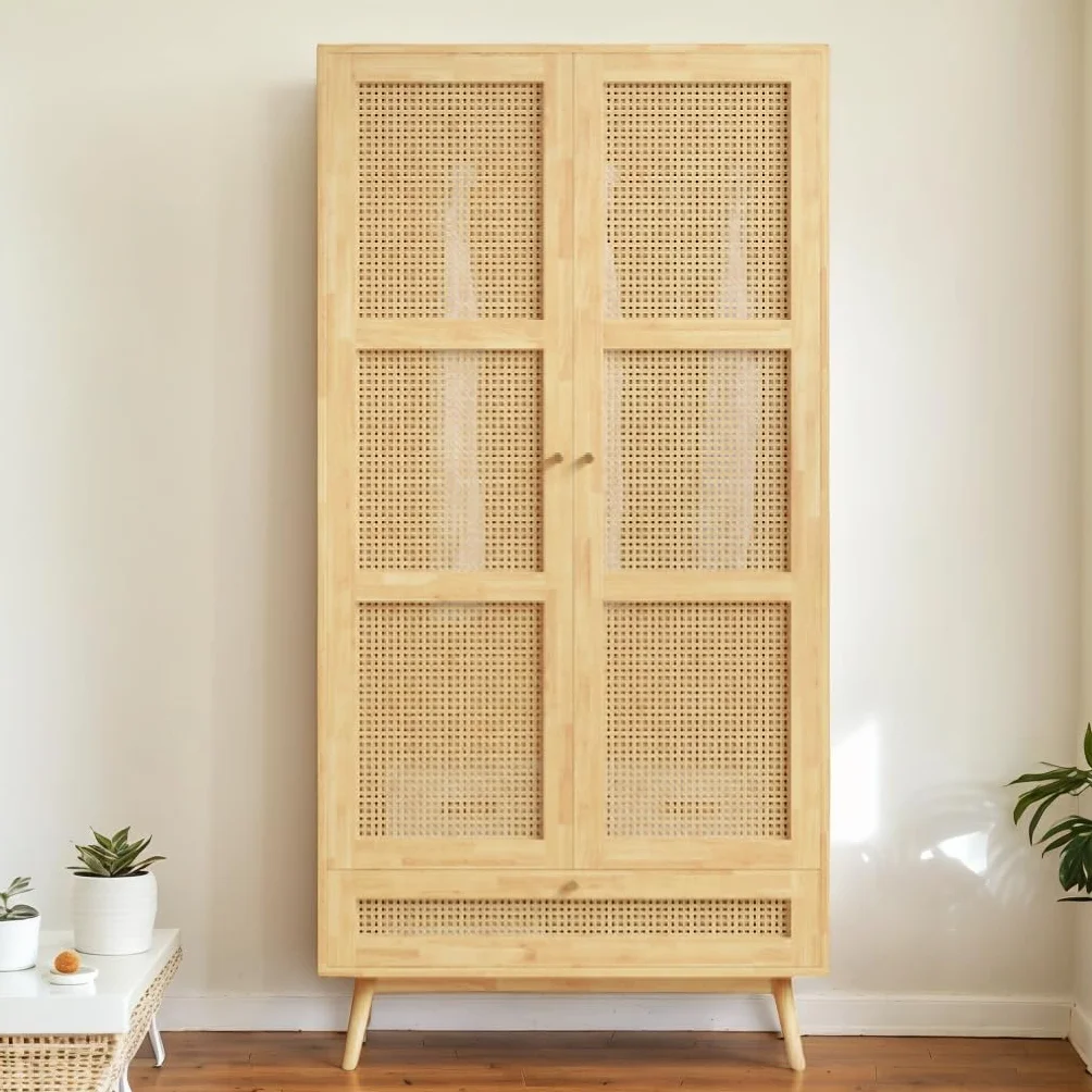 Moimhear Armario con barra, 90 x 45 x 183 cm, armario de 2 puertas, dormitorio, red de ratán, con tapa inferior abatible, tablero de partículas + ratán sintético