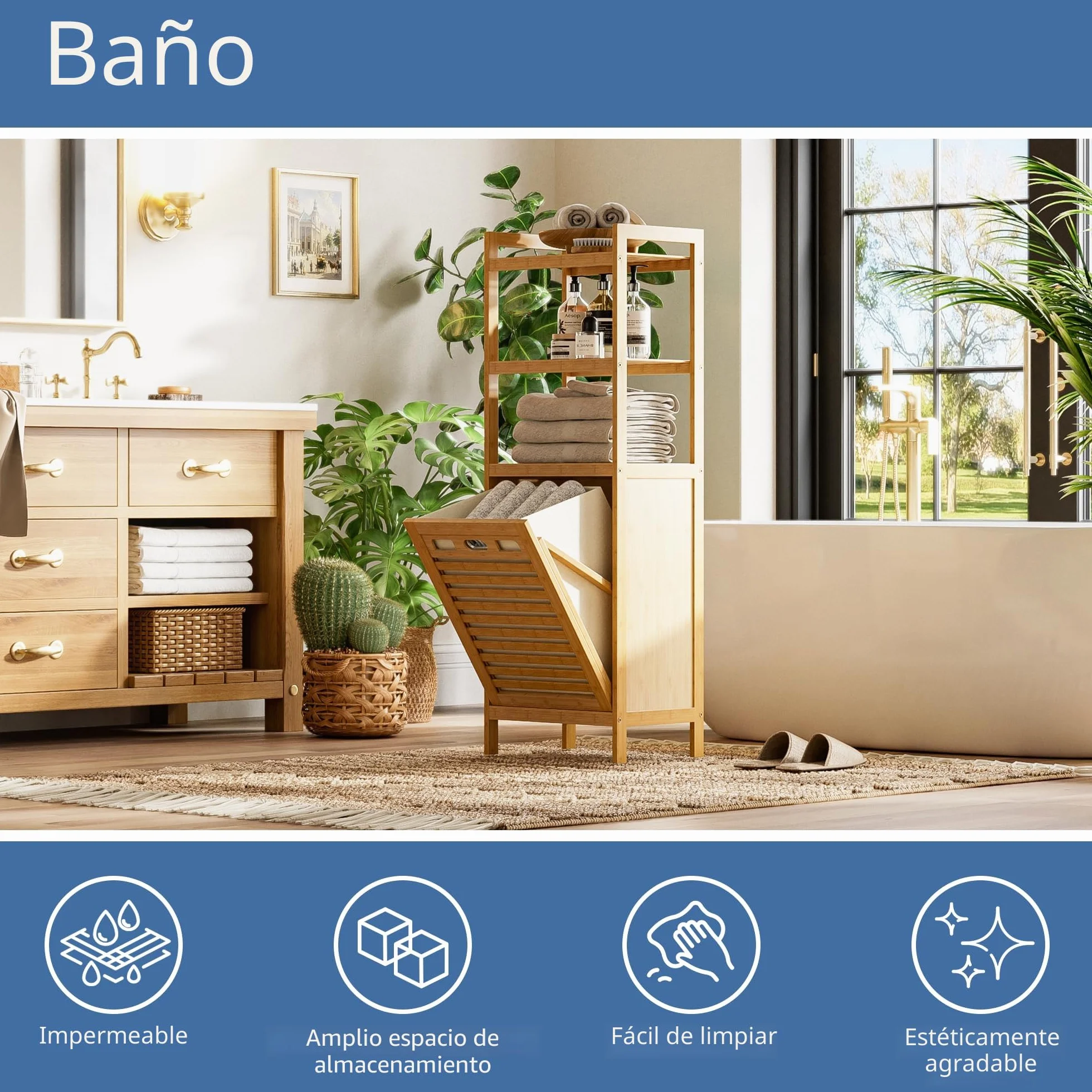 HITNET Armario de Baño con Cesto Ropa Sucia, Mueble Ropa Sucia de Bambú, 40L Bolsa Interior Extraíble con Asas y 3 estantes Abiertos, para Lavadero,Sala de Estar y Dormitorio, Natural