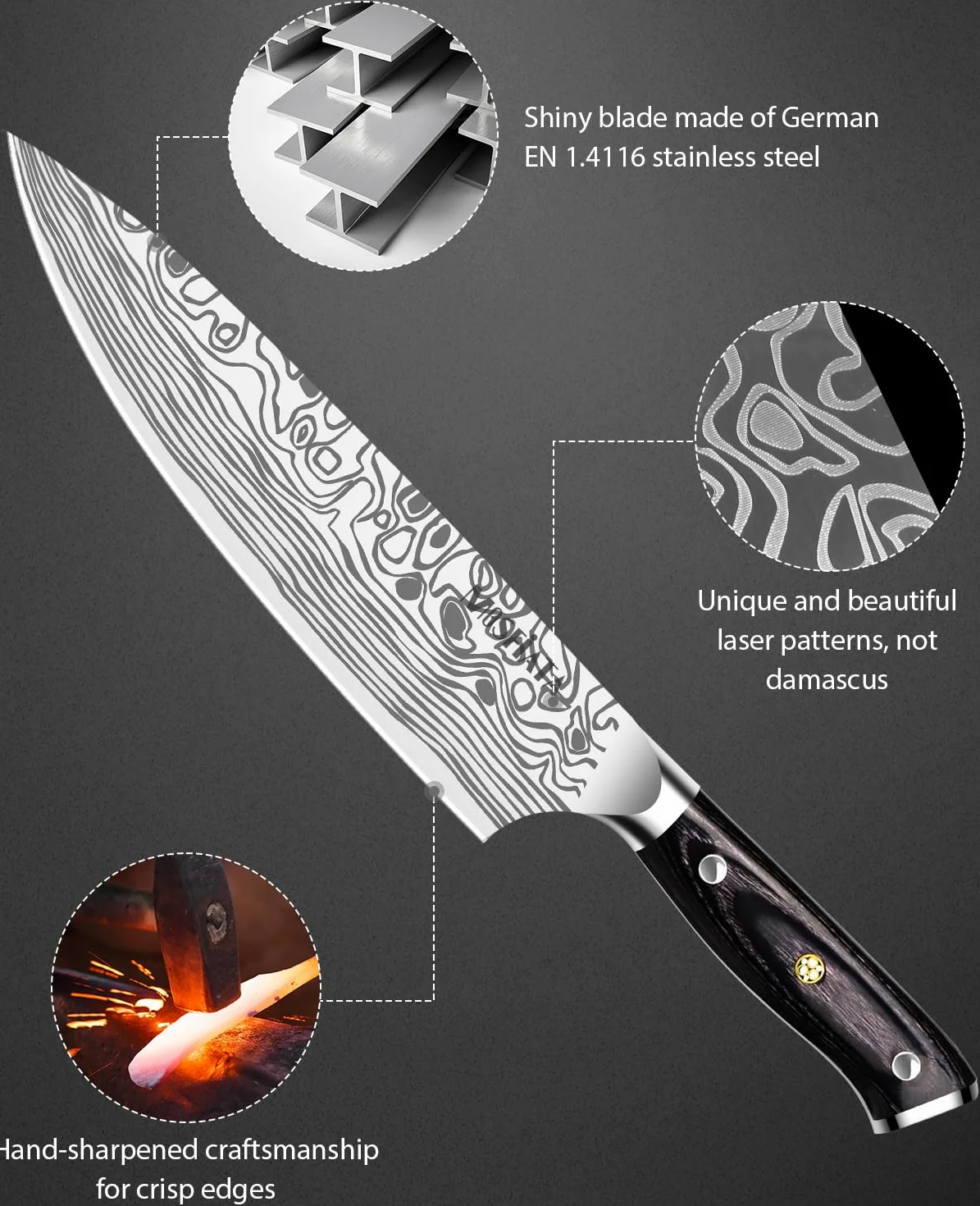MOSFiATA Cuchillos de Cocinero Profesional, 20cm, Acero Inoxidable Alemán con Afilador, Protector de Dedos y Funda, para Fruta, Verduras y Carne