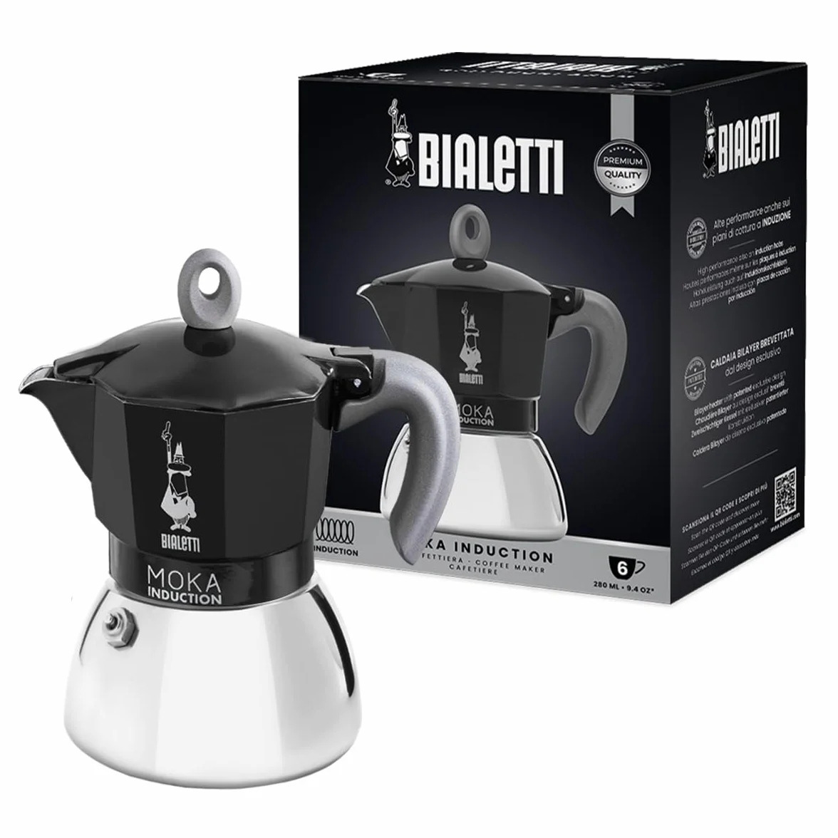 Bialetti Cafetera Moka Inducción 6 Tazas Café Espresso 280 Ml Negro